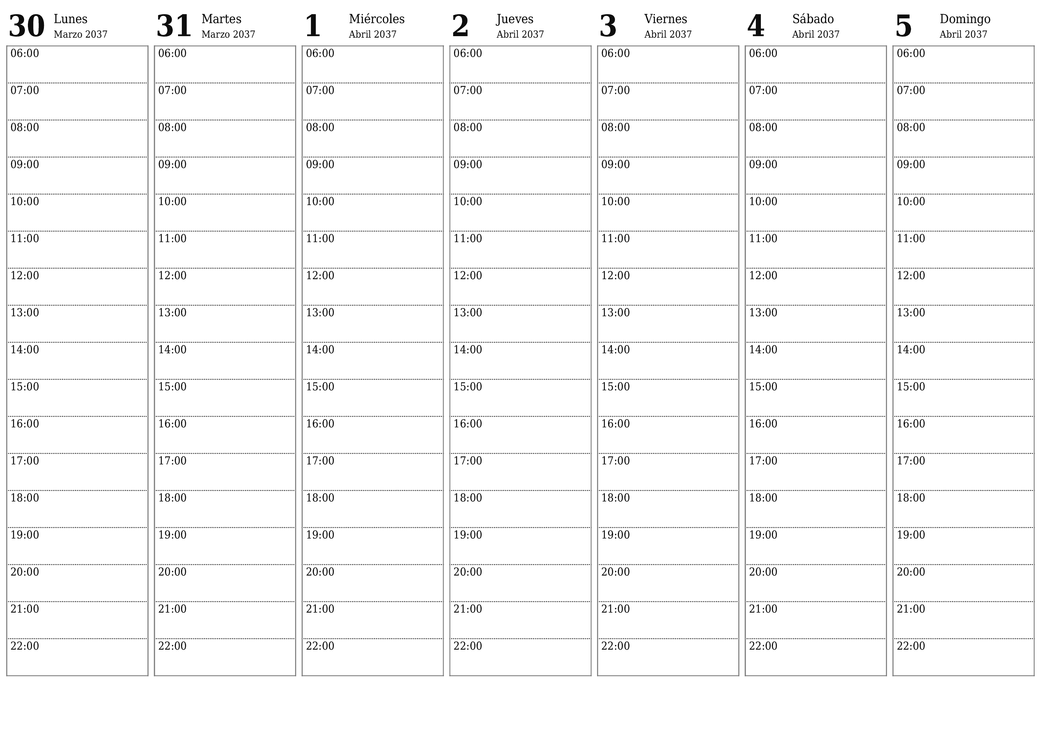  imprimible de pared plantilla de gratishorizontal Semanal planificador calendario Abril (Abr) 2037
