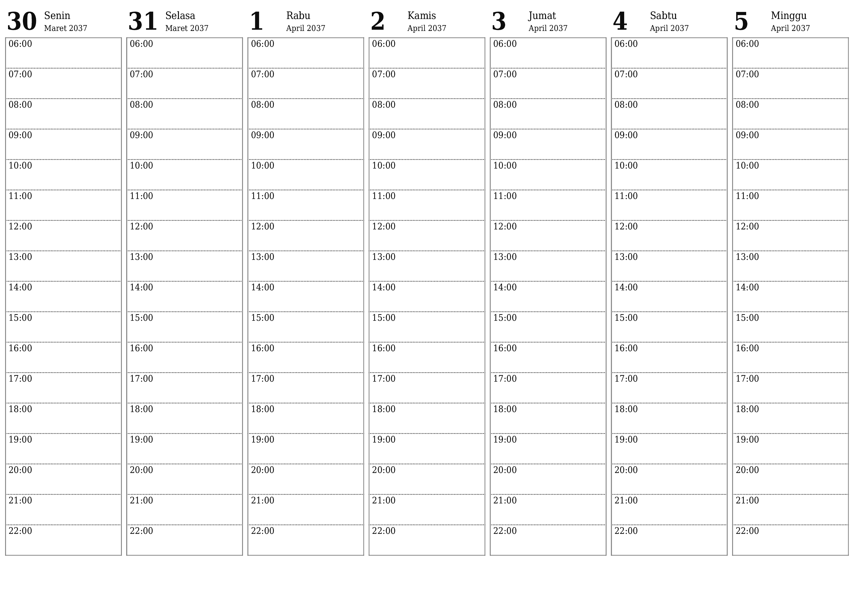 Kosongkan agenda mingguan untuk minggu April 2037 dengan catatan, simpan dan cetak ke PDF PNG Indonesian
