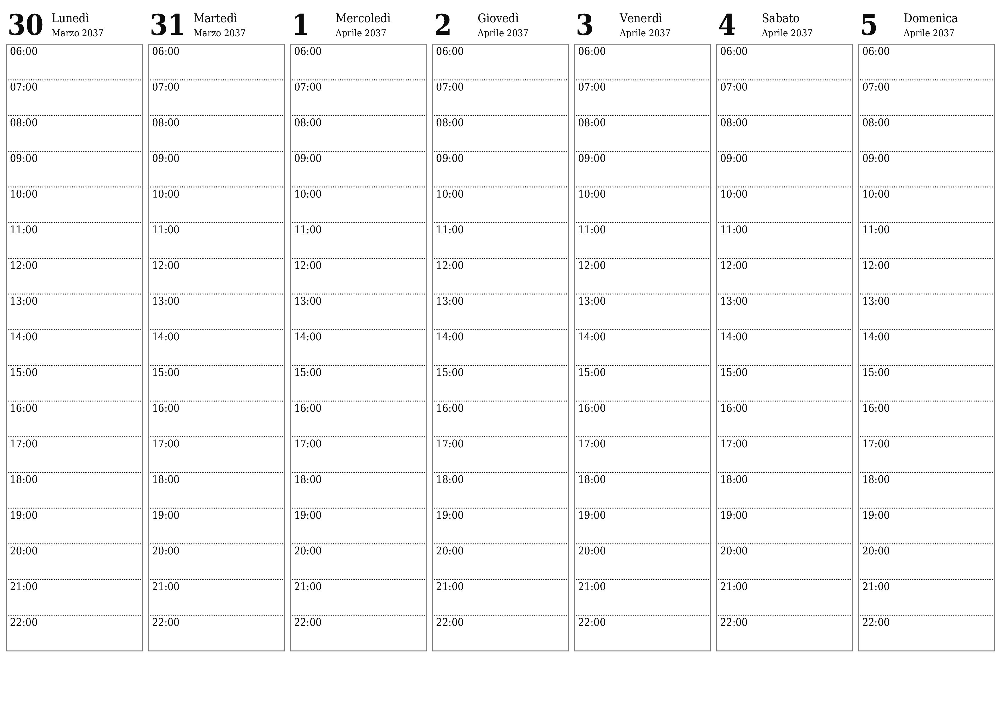 Agenda settimanale vuota per settimane Aprile 2037 con note, salva e stampa in PDF PNG Italian