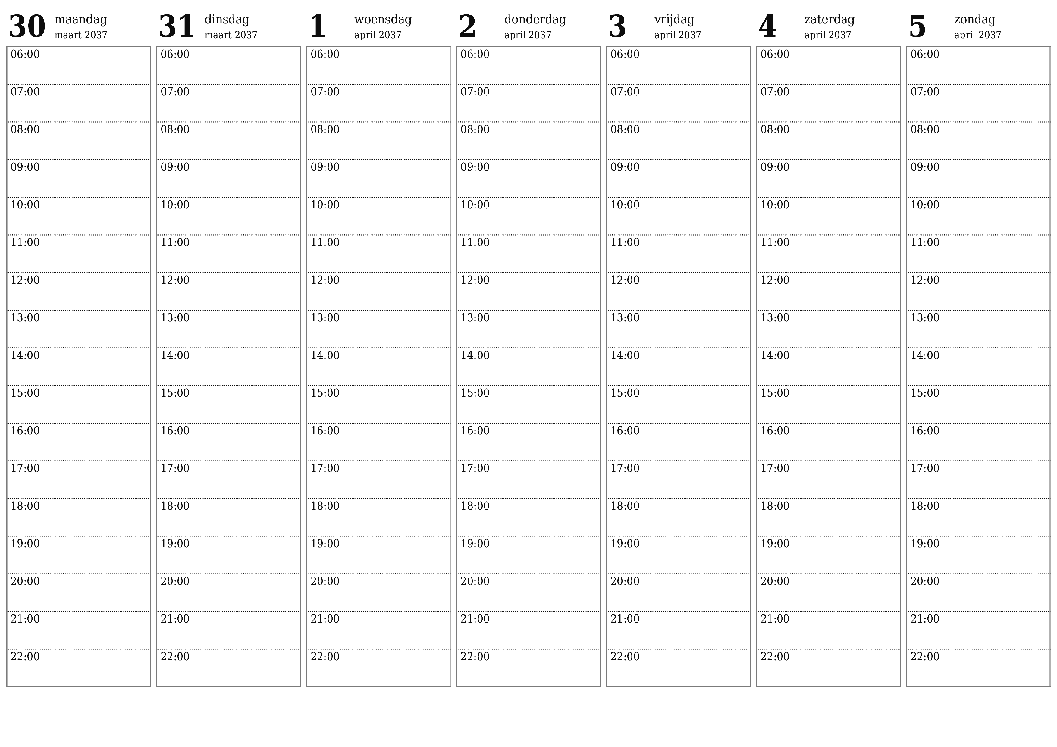 Lege weekplanner voor weken april 2037 met notities, opslaan en afdrukken naar pdf PNG Dutch