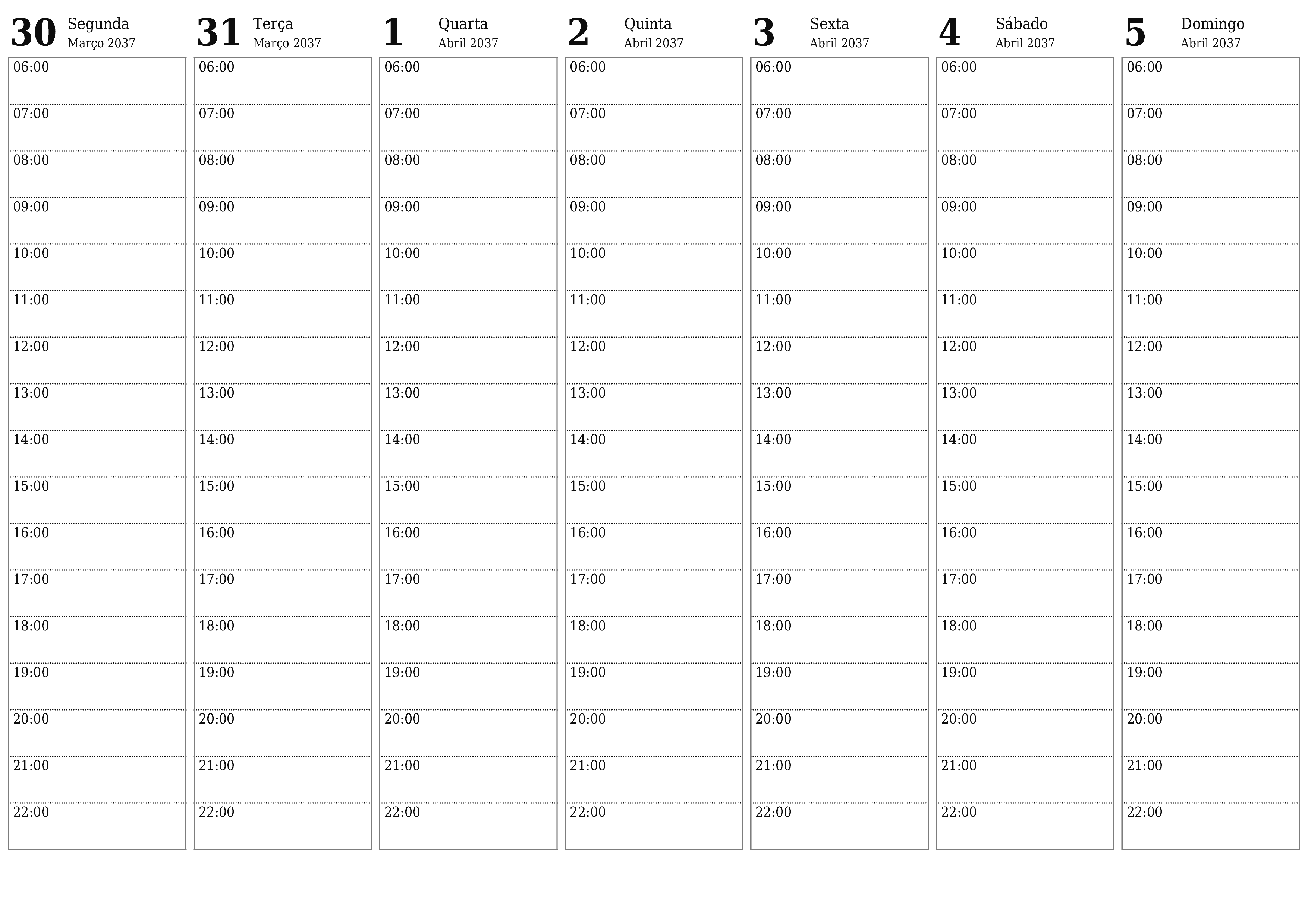 Esvazie o planejador semanal por semanas Abril 2037 com notas, salve e imprima em PDF PNG Portuguese