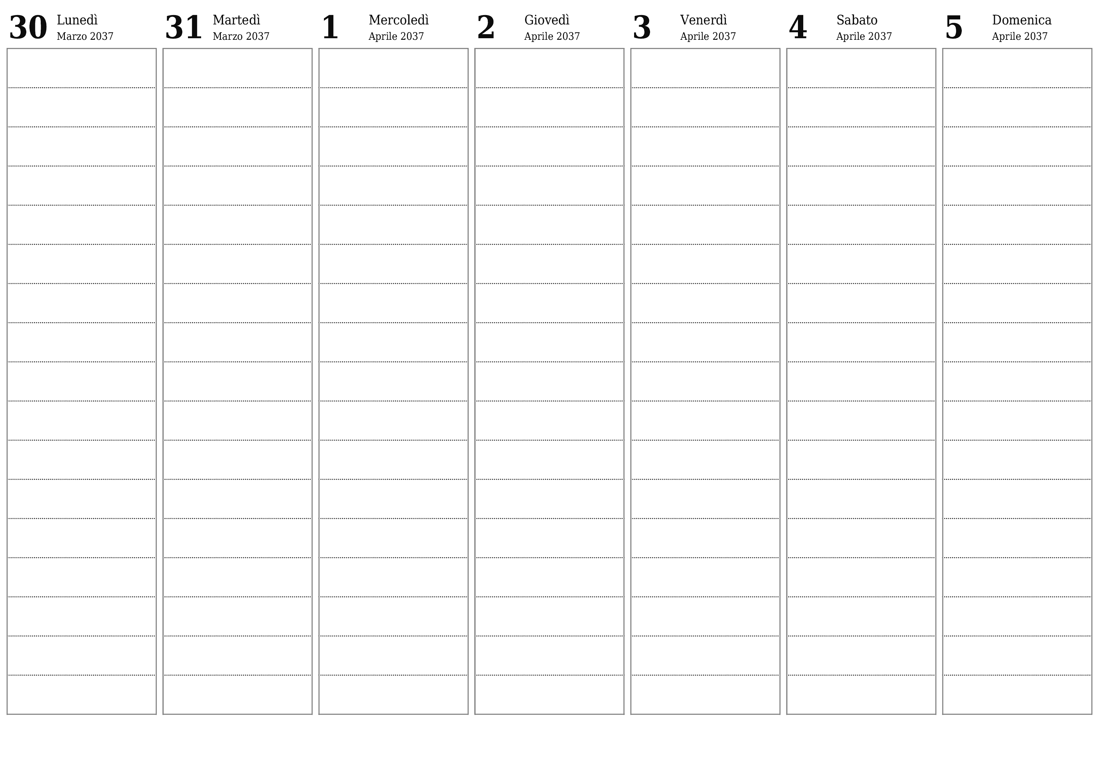 Agenda settimanale vuota per settimane Aprile 2037 con note, salva e stampa in PDF PNG Italian