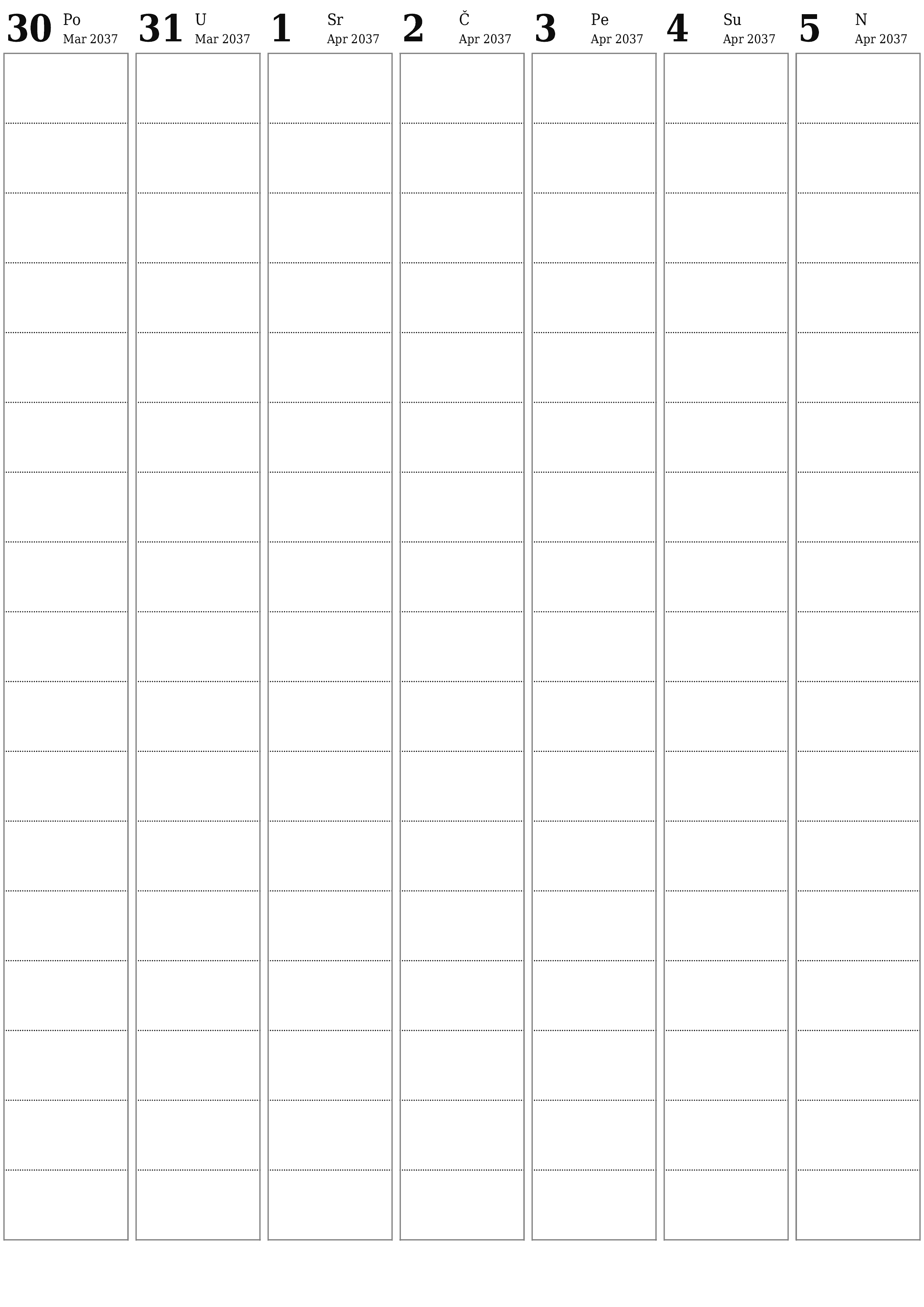 Ispraznite sedmični planer za sedmice April 2037 s bilješkama, spremite i ispišite u PDF PNG Bosnian
