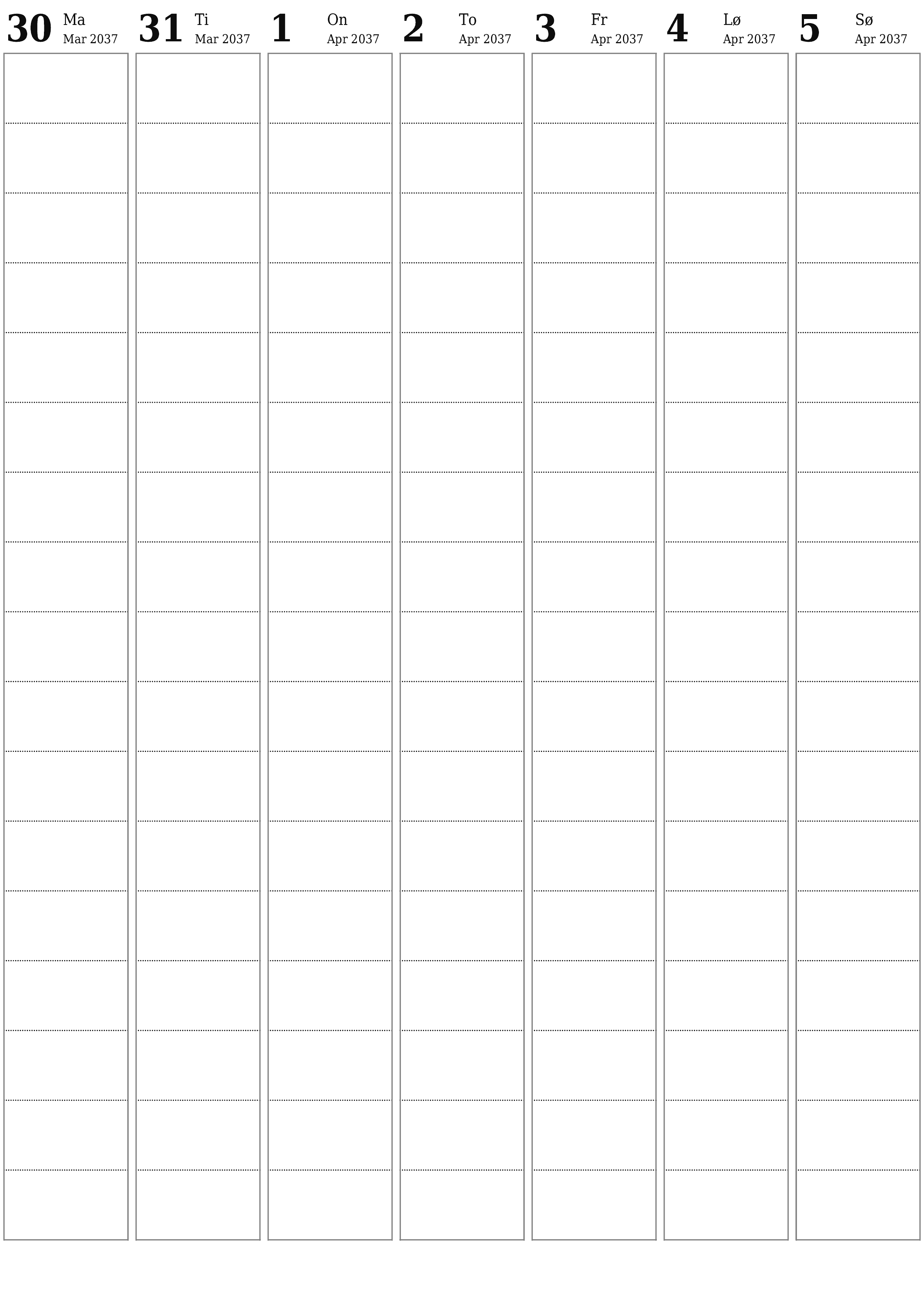 Tom ugentlig planlægger i uger April 2037 med noter, gem og udskriv til PDF PNG Danish
