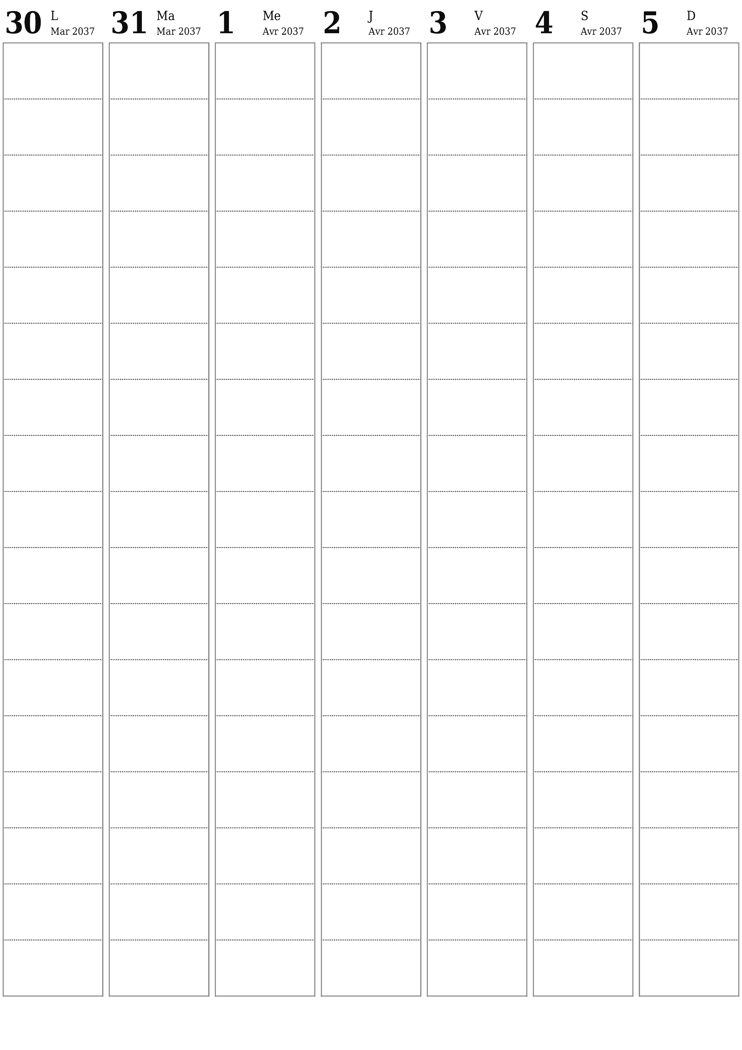Agenda hebdomadaire vide pendant des semaines Avril 2037 avec notes, enregistrez et imprimez au format PDF PNG French
