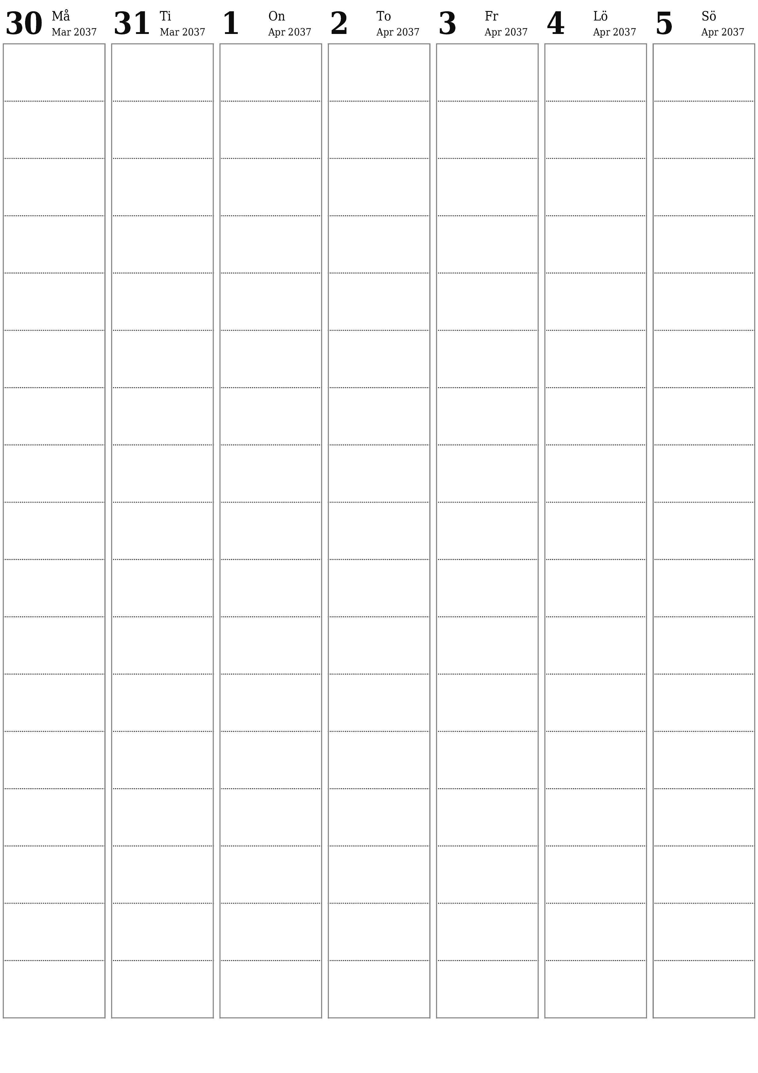 Töm veckoplaneraren i veckor April 2037 med anteckningar, spara och skriv ut till PDF PNG Swedish