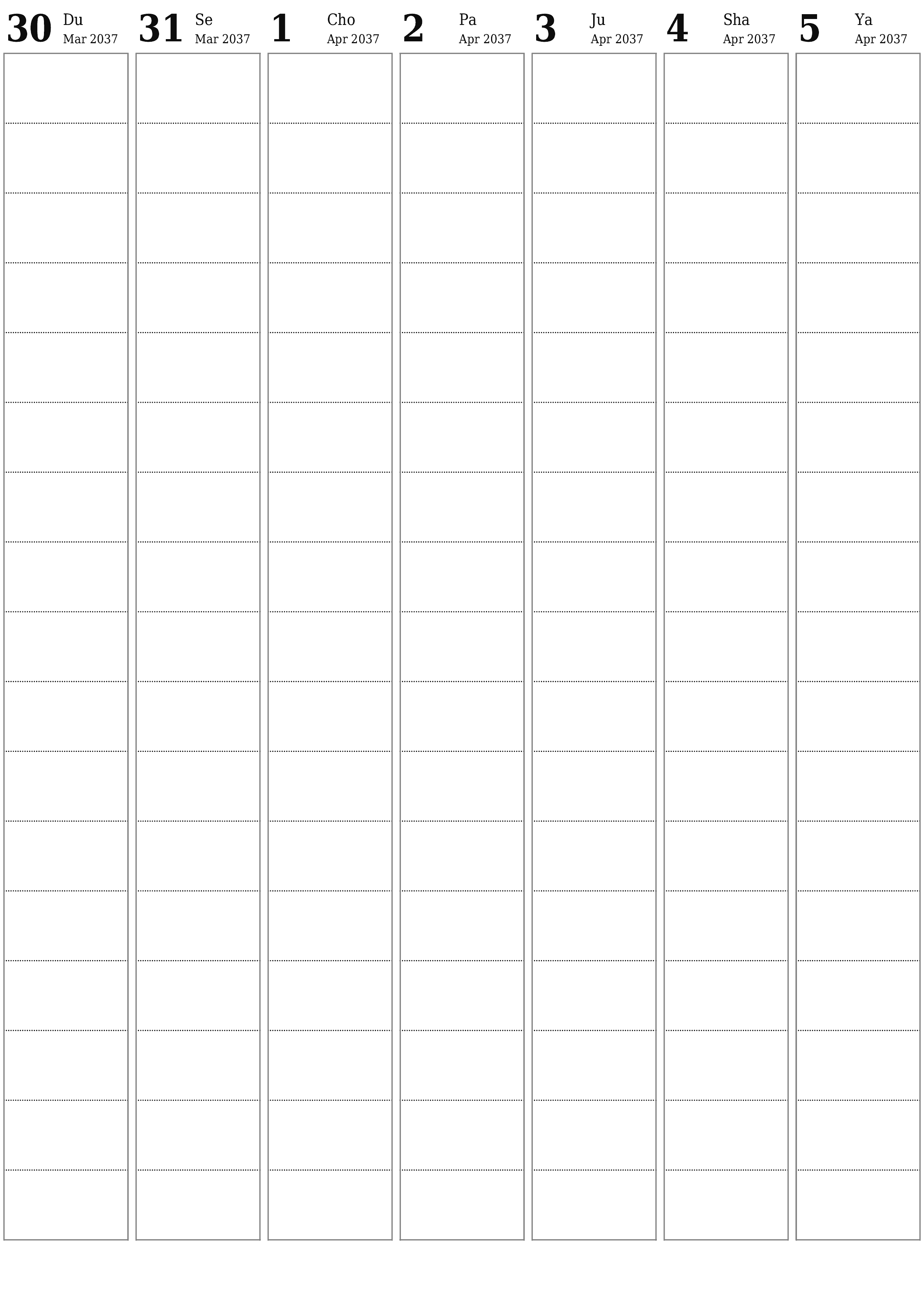 Haftalik rejalashtiruvchi Aprel 2037 haftalar uchun yozuvlar bilan bo'shatib, saqlang va PDF-ga chop eting PNG Uzbek