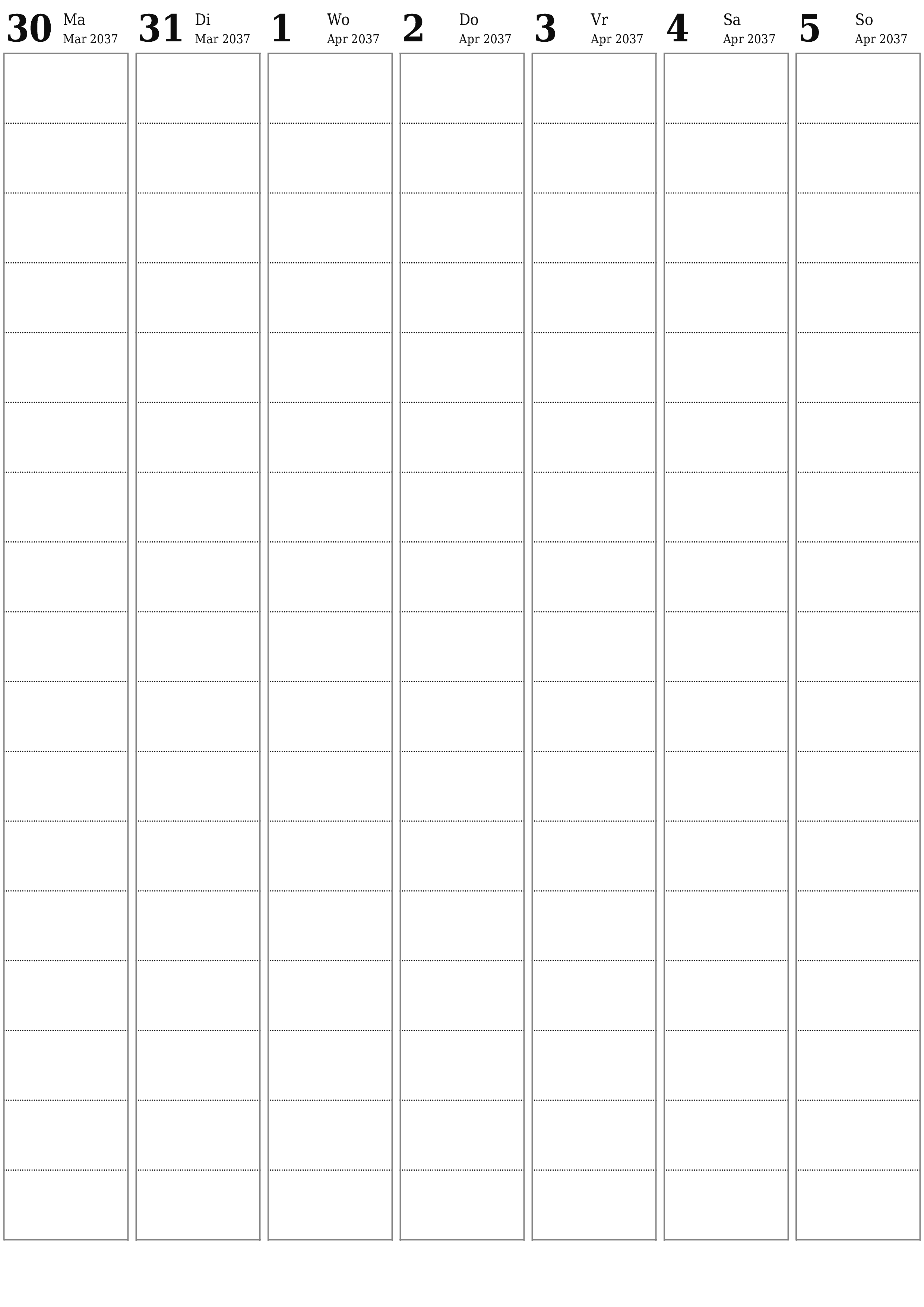 Leë weeklikse drukbare kalender en beplanner vir week April 2037 met notas, stoor en druk na PDF PNG Afrikaans