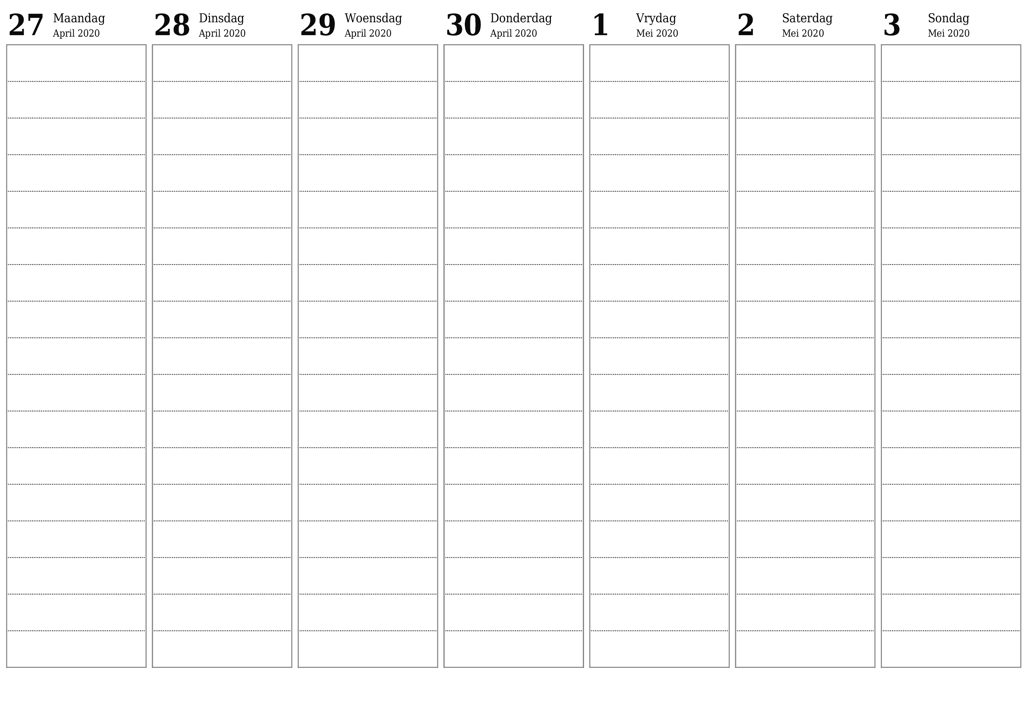 Leë weeklikse drukbare kalender en beplanner vir week Mei 2020 met notas, stoor en druk na PDF PNG Afrikaans