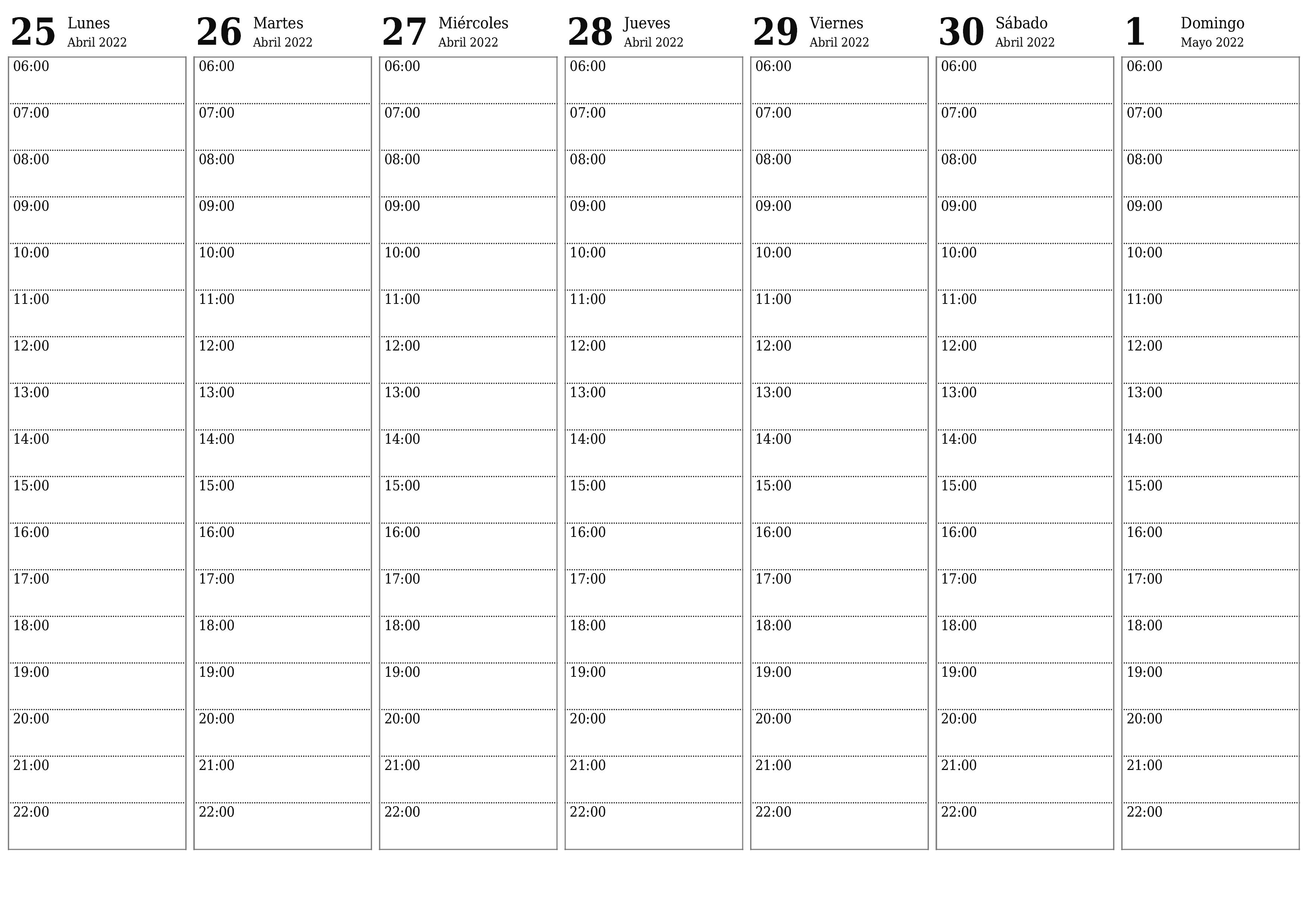 Calendario semanal en blanco para la semana Mayo 2022 guardar e imprimir en PDF PNG Spanish - 7calendar.com