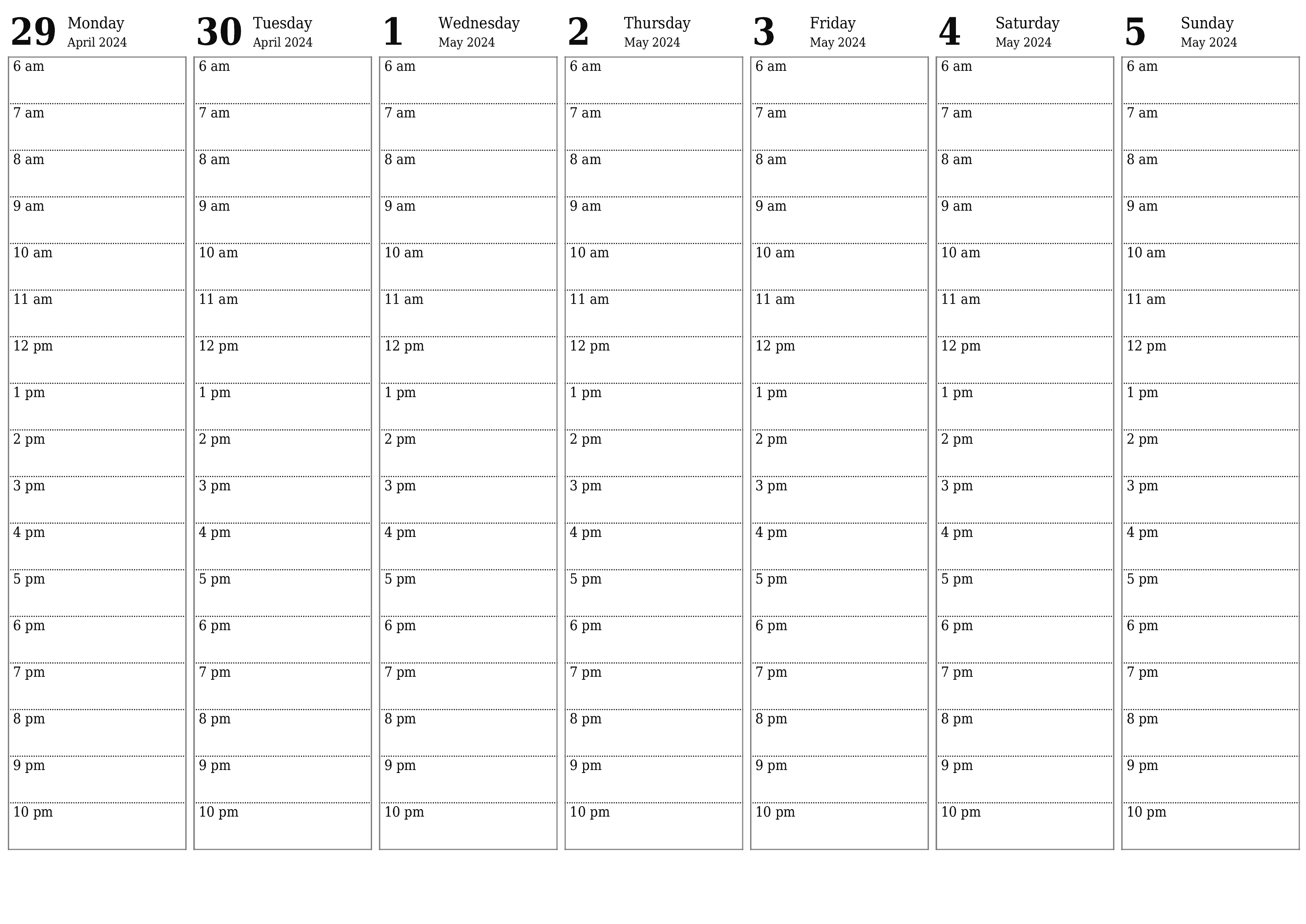 Blank weekly printable calendar and planner for week May 2024 with notes, save and print to PDF PNG English