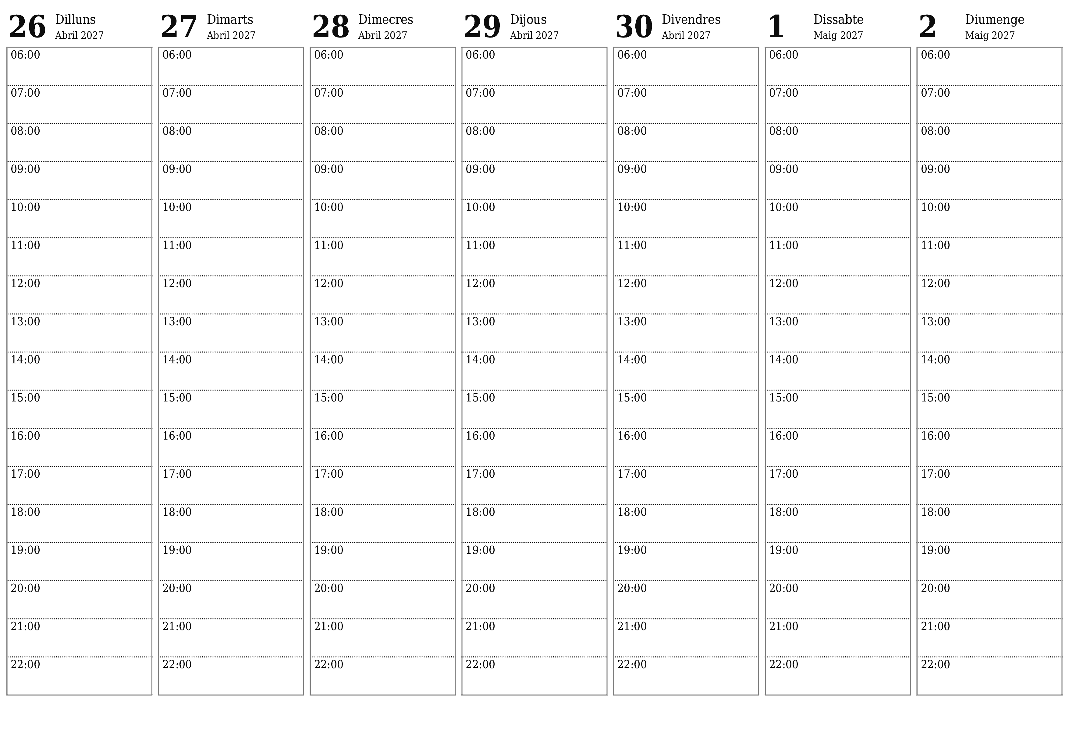 Planificador setmanal buit durant setmanes Maig 2027 amb notes, deseu-lo i imprimiu-lo en format PDF PNG Catalan