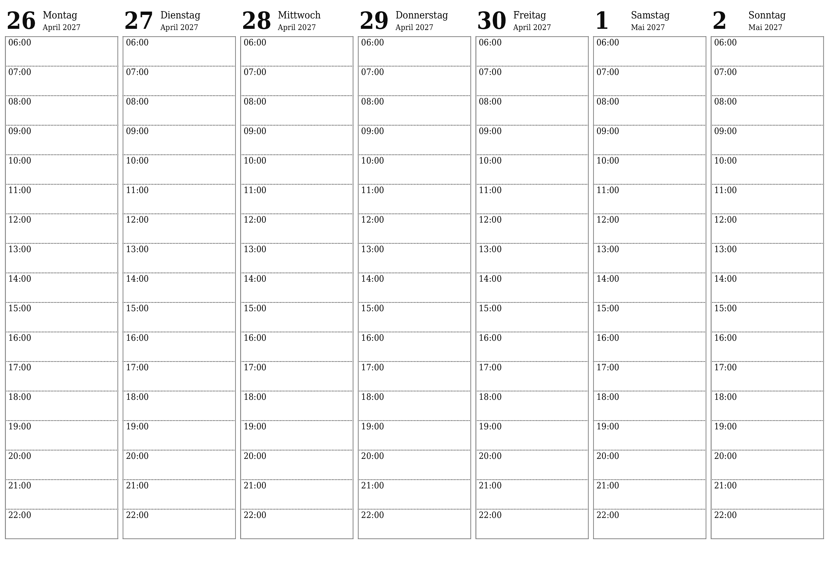 Wochenplaner für Wochen Mai 2027 mit Notizen leeren, speichern und als PDF drucken PNG German