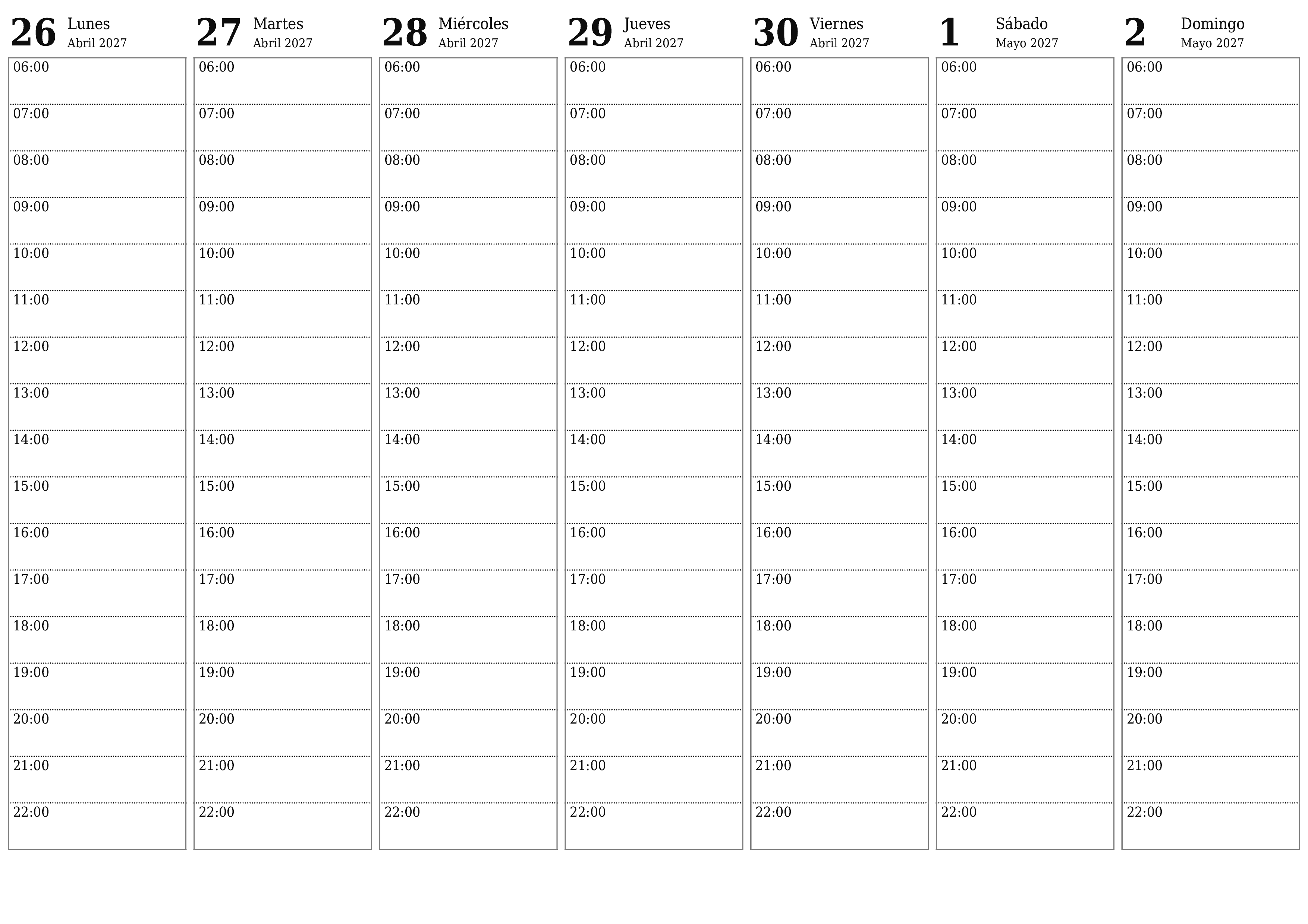 Planificador semanal vacío para semanas Mayo 2027 con notas, guardar e imprimir en PDF PNG Spanish