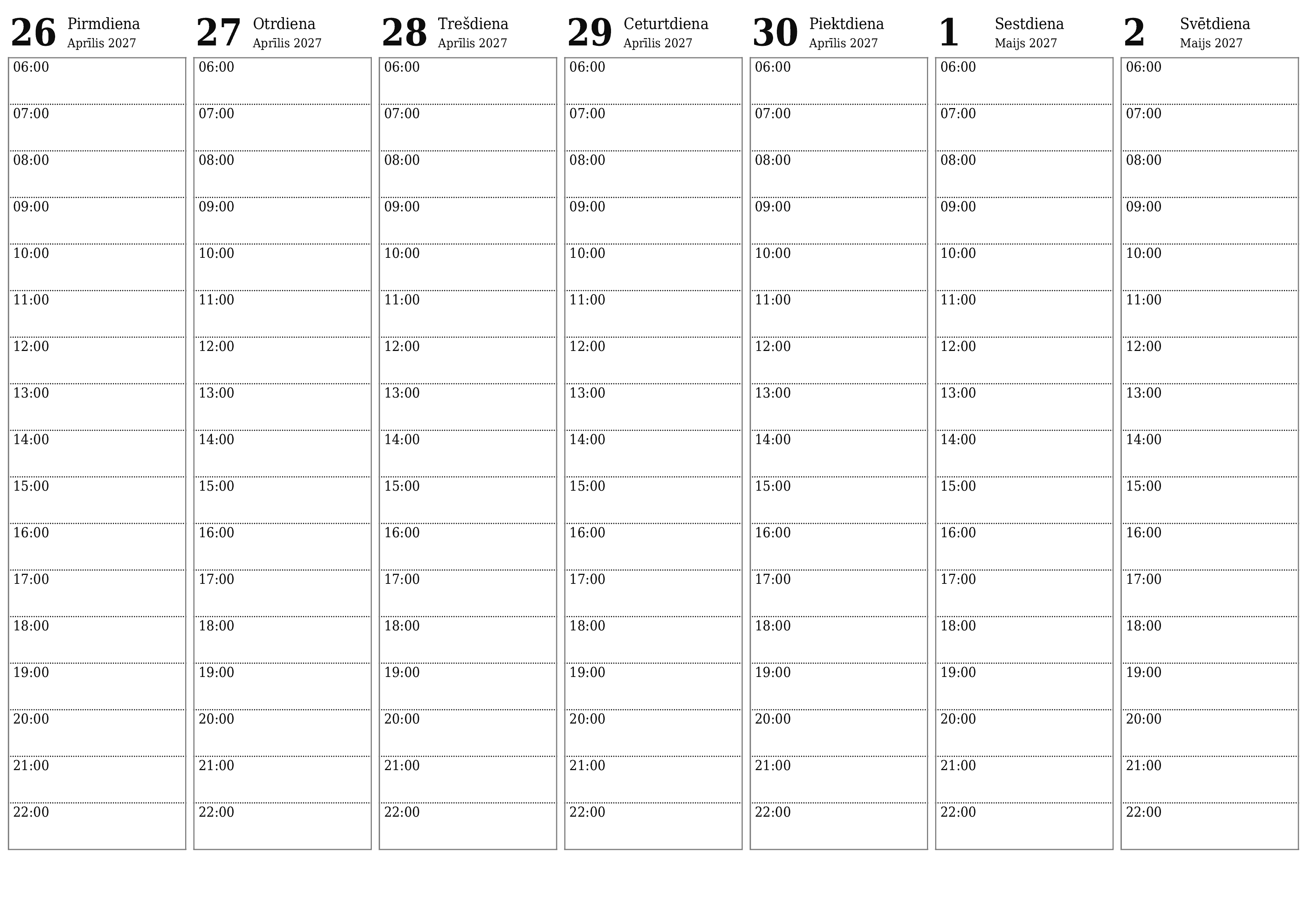 Iztukšojiet nedēļas plānotāju nedēļām Maijs 2027 ar piezīmēm, saglabājiet un izdrukājiet PDF formātā PNG Latvian