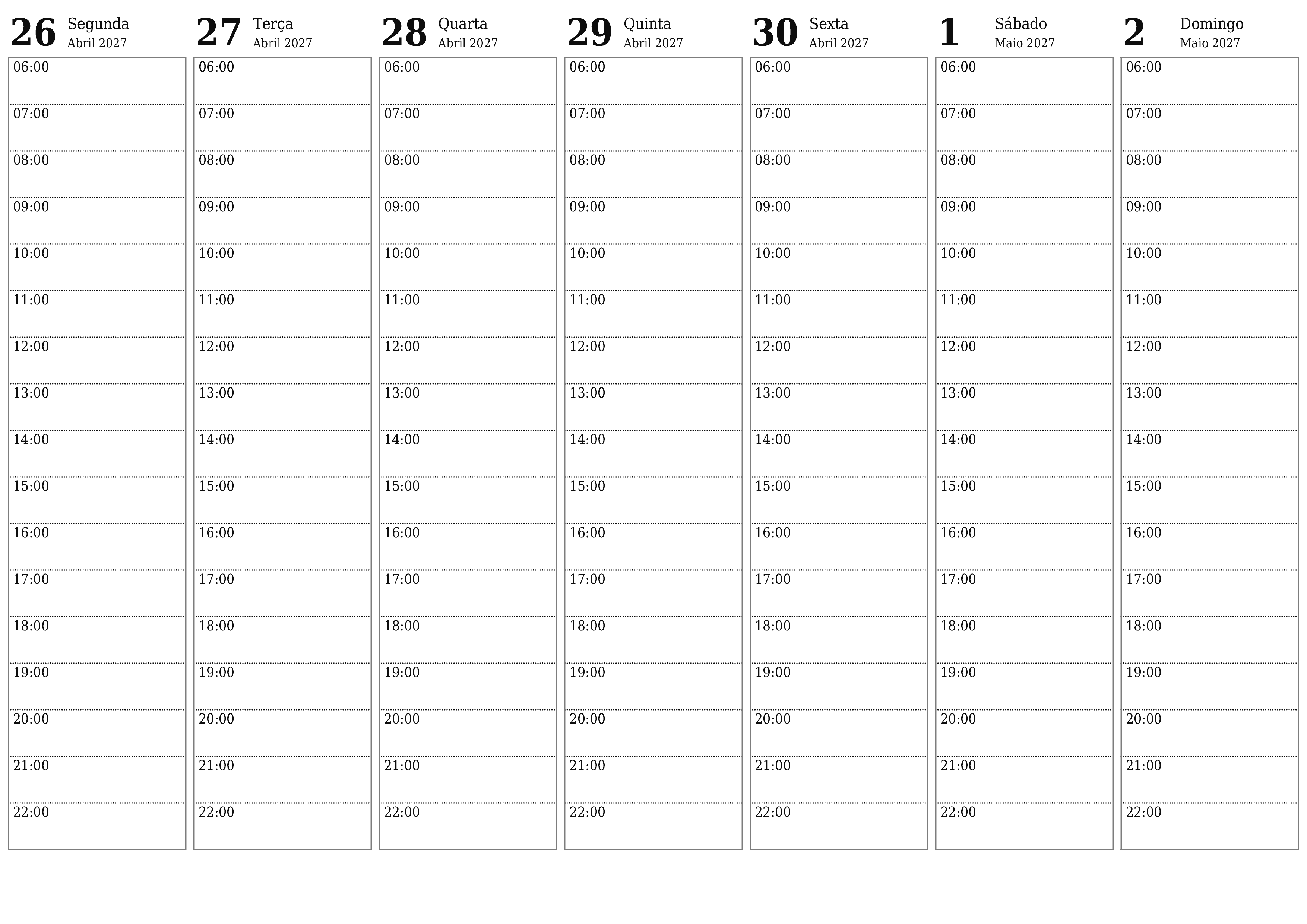 Esvazie o planejador semanal por semanas Maio 2027 com notas, salve e imprima em PDF PNG Portuguese