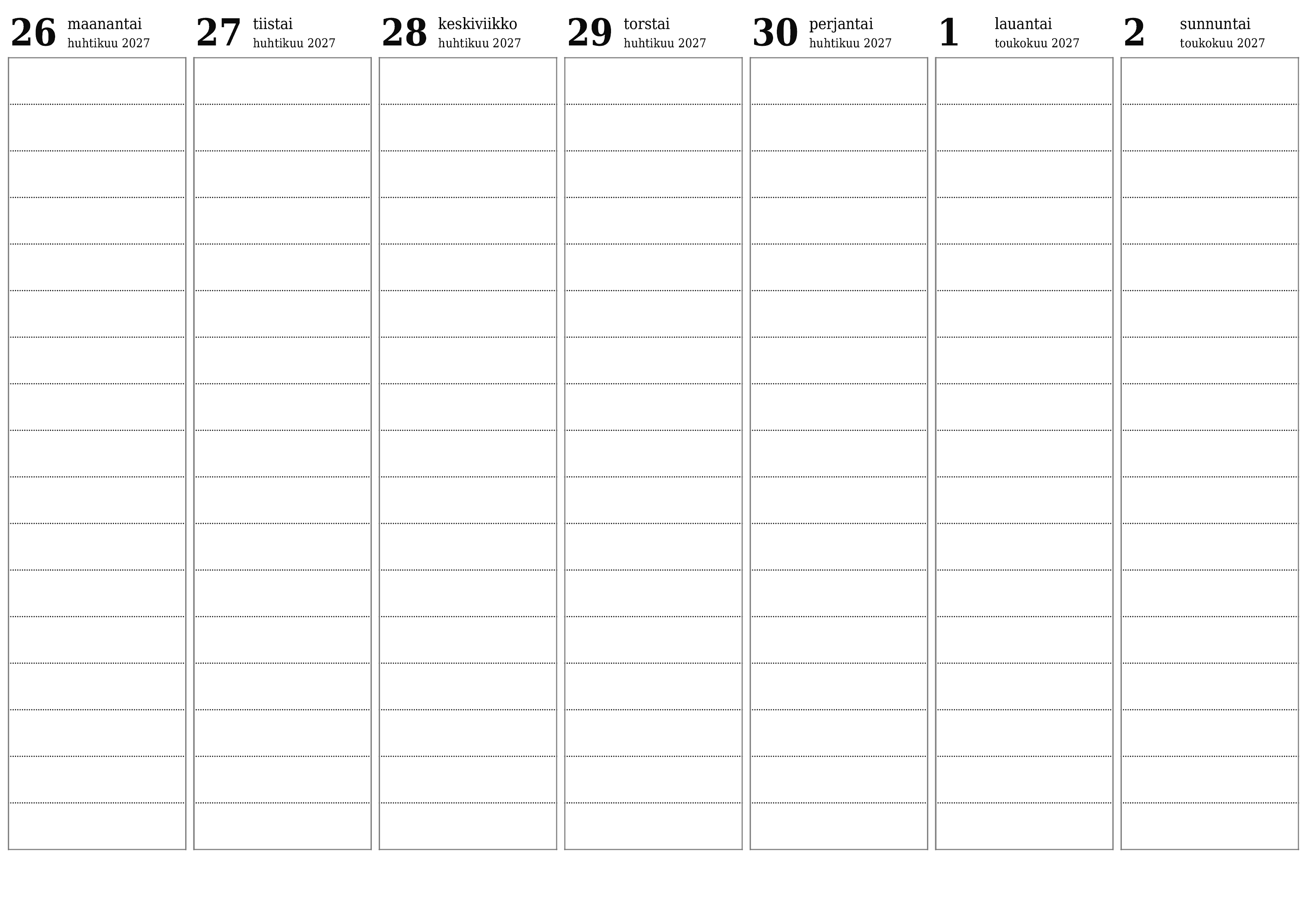 Tyhjennä viikkosuunnittelija viikkojen ajan Toukokuu 2027 muistiinpanoilla, tallenna ja tulosta PDF-muotoon PNG Finnish