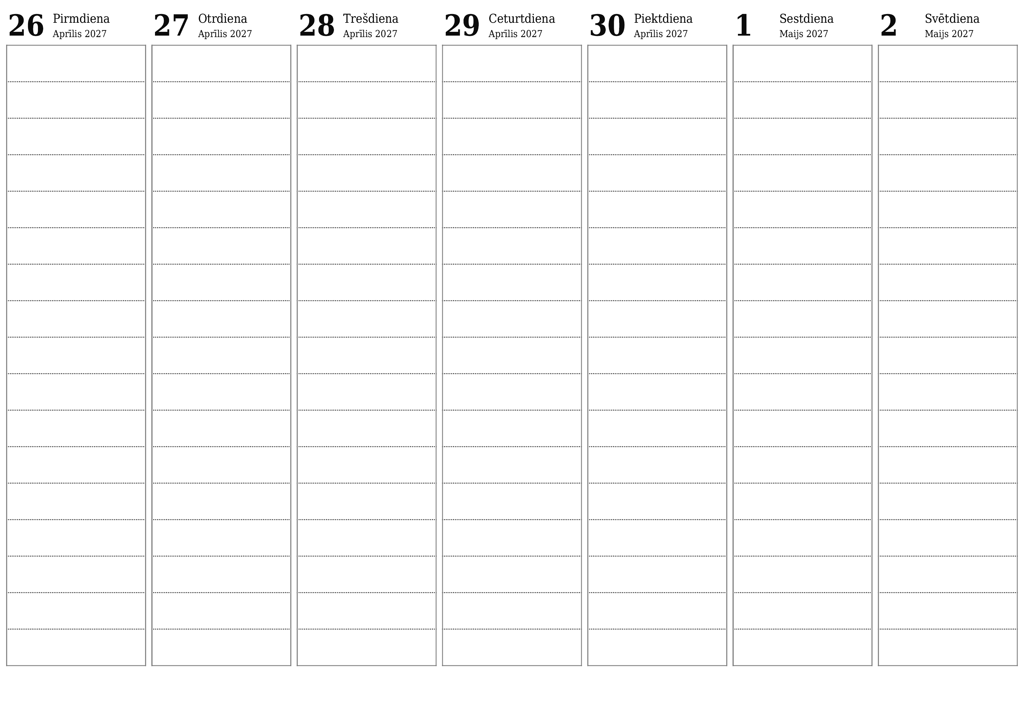 Iztukšojiet nedēļas plānotāju nedēļām Maijs 2027 ar piezīmēm, saglabājiet un izdrukājiet PDF formātā PNG Latvian