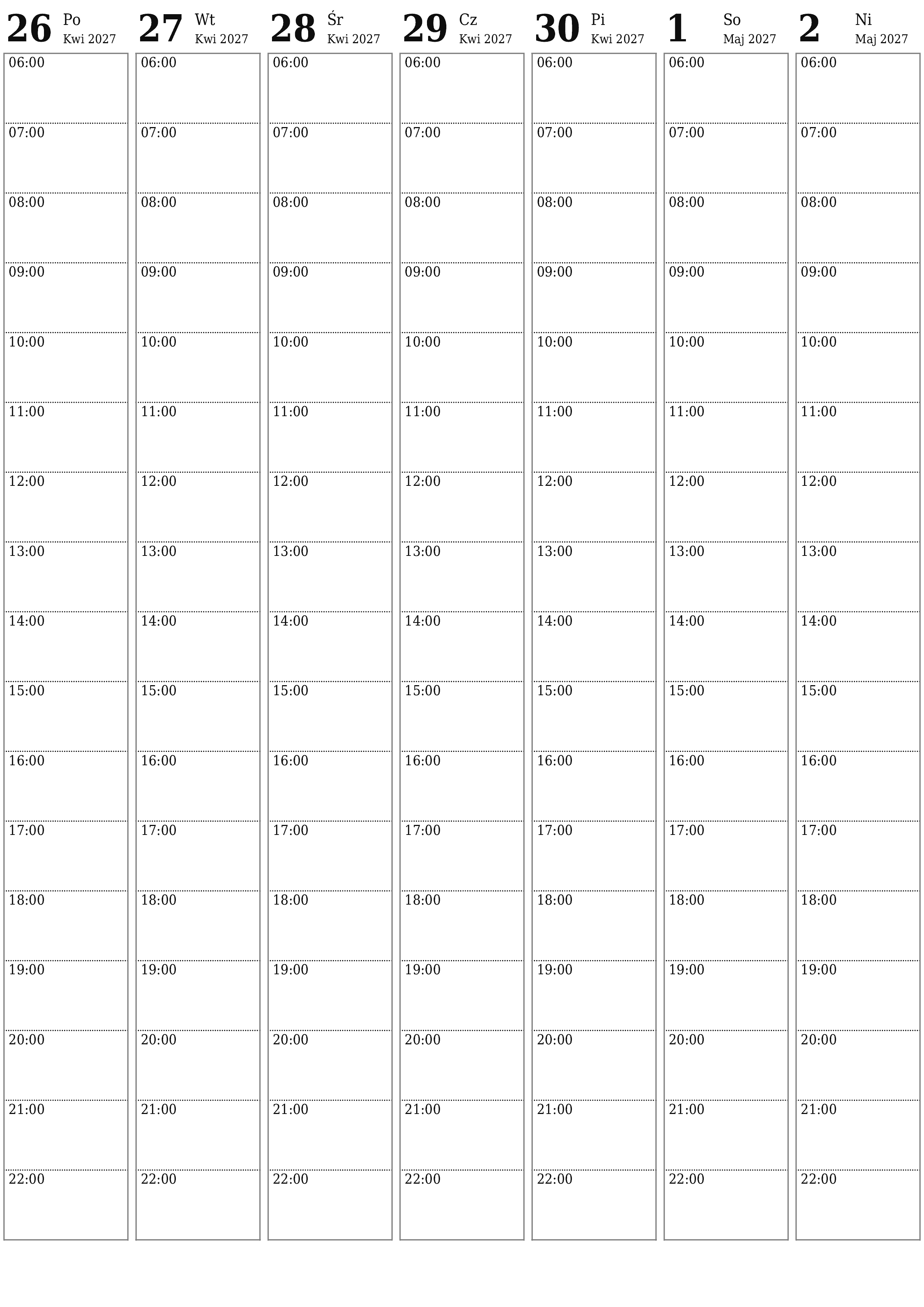 Opróżnij tygodniowy planer na tygodnie Maj 2027 z notatkami, zapisz i wydrukuj w formacie PDF PNG Polish