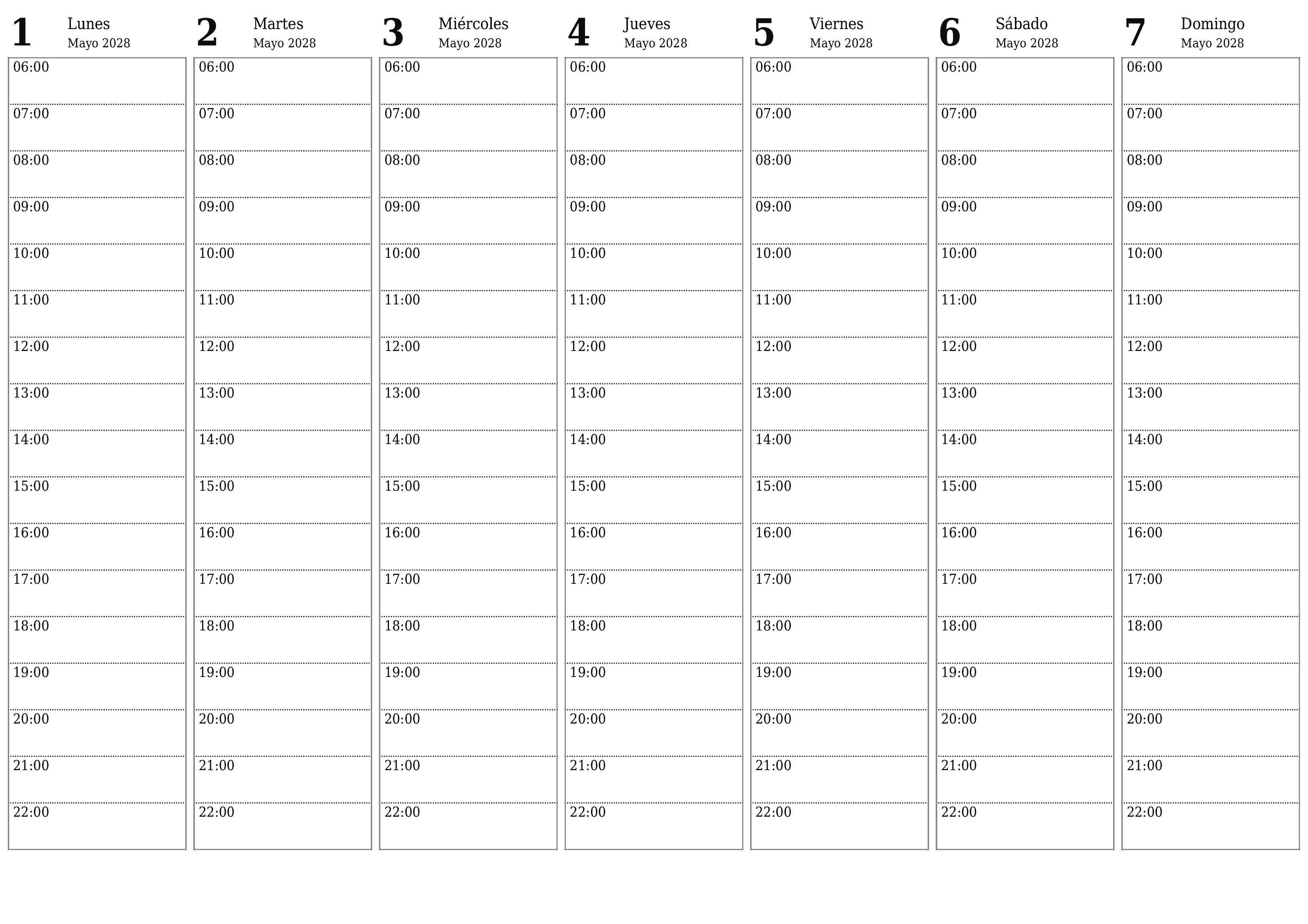 Planificador semanal vacío para semanas Mayo 2028 con notas, guardar e imprimir en PDF PNG Spanish