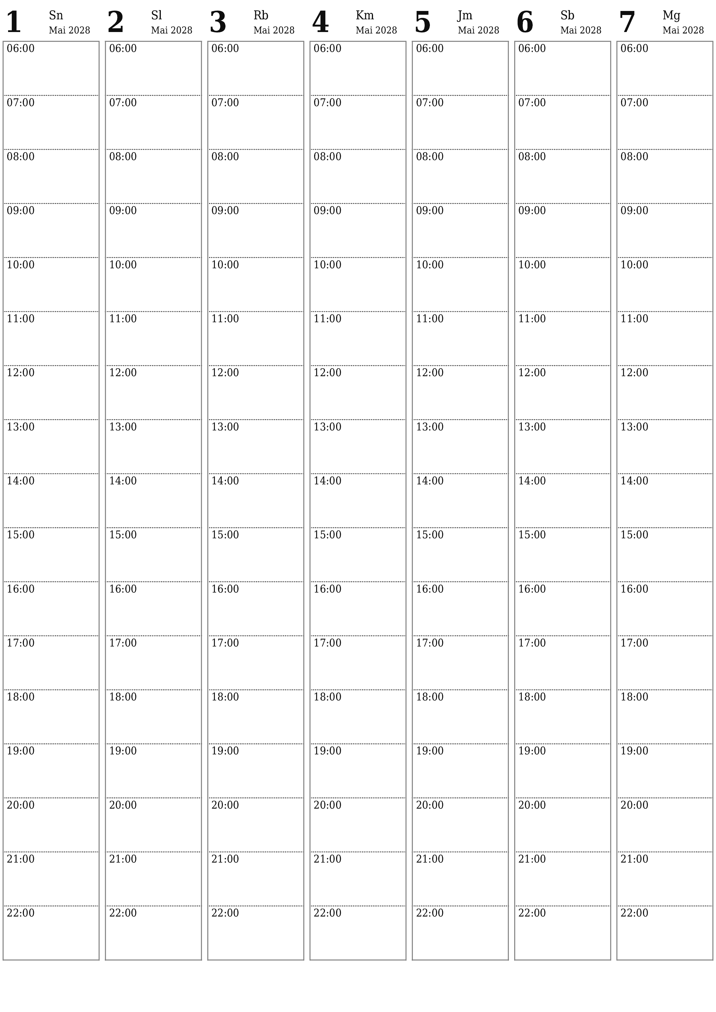 Kosongkan agenda mingguan untuk minggu Mai 2028 dengan catatan, simpan dan cetak ke PDF PNG Indonesian