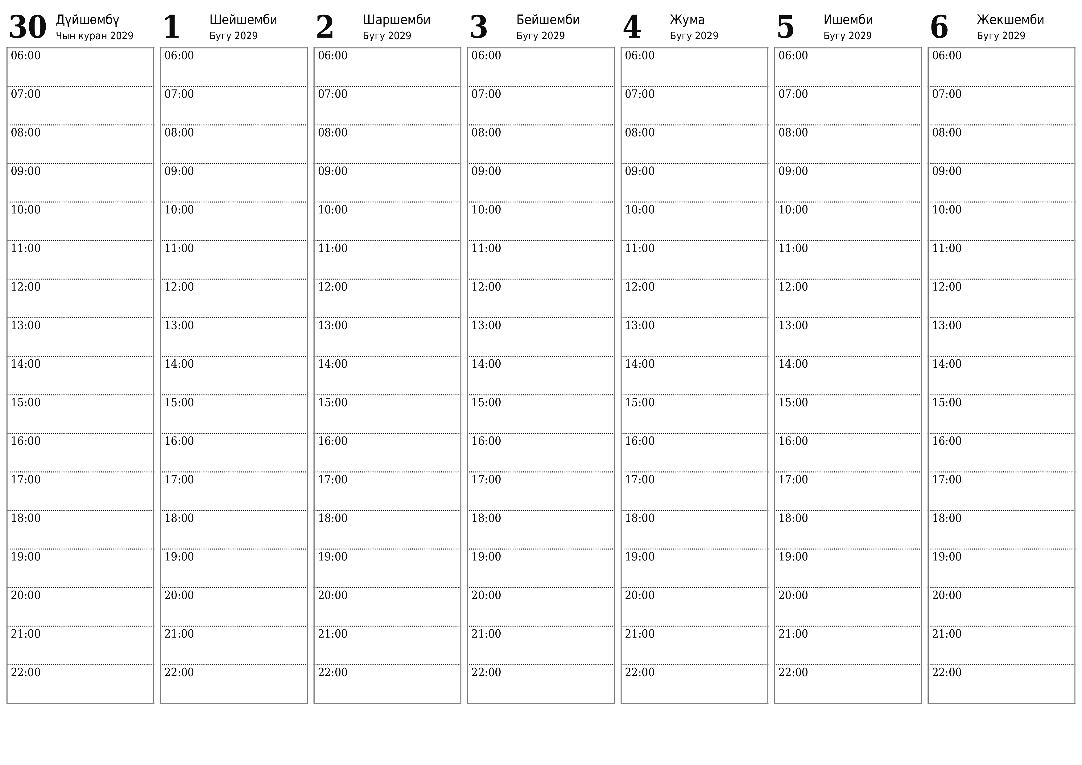 PDF PNG Kyrgyz форматында басып чыгаруу үчүн эскертүүлөр менен Бугу 2029 үчүн бош жумалык календардык пландоочу