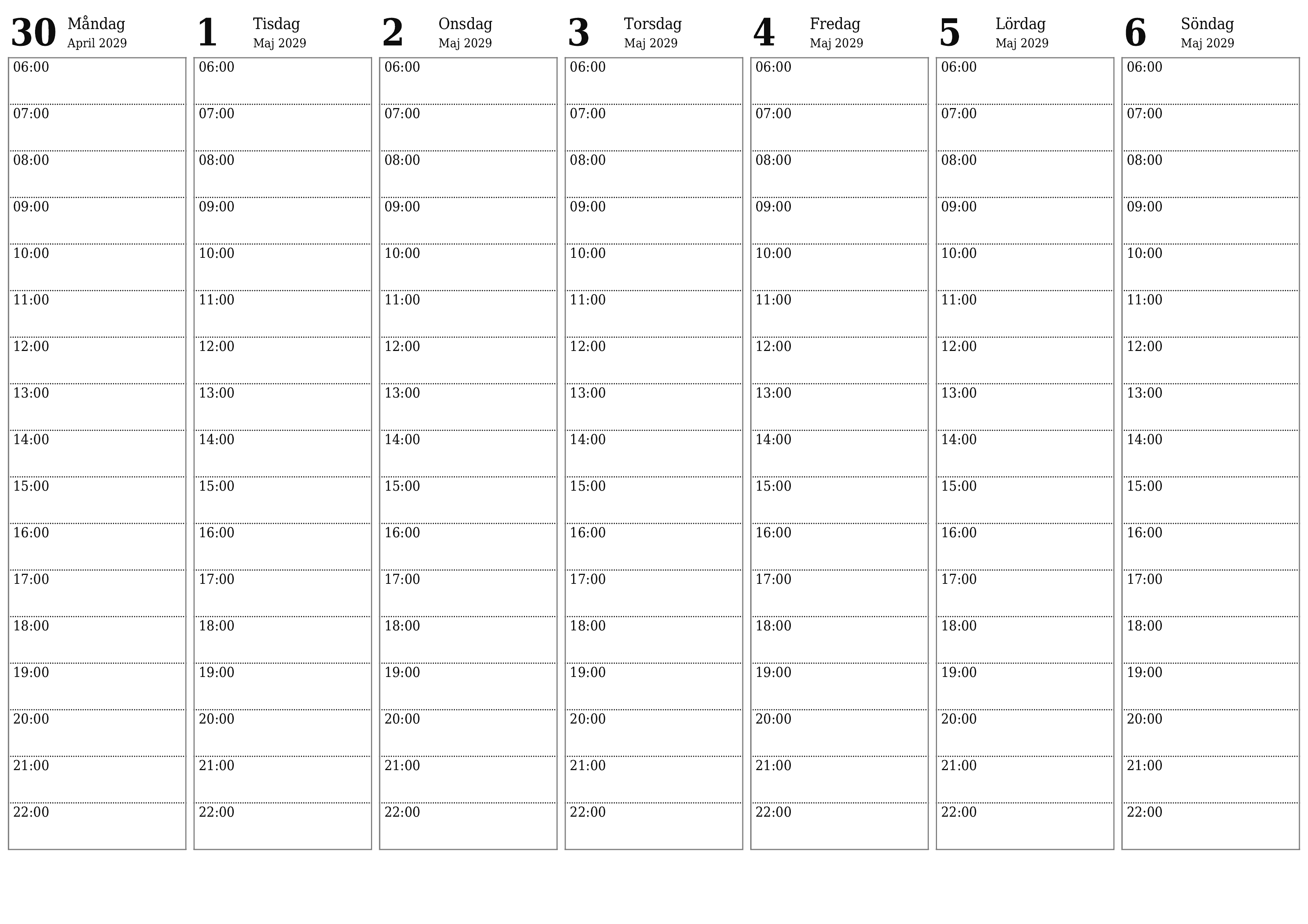 Töm veckoplaneraren i veckor Maj 2029 med anteckningar, spara och skriv ut till PDF PNG Swedish
