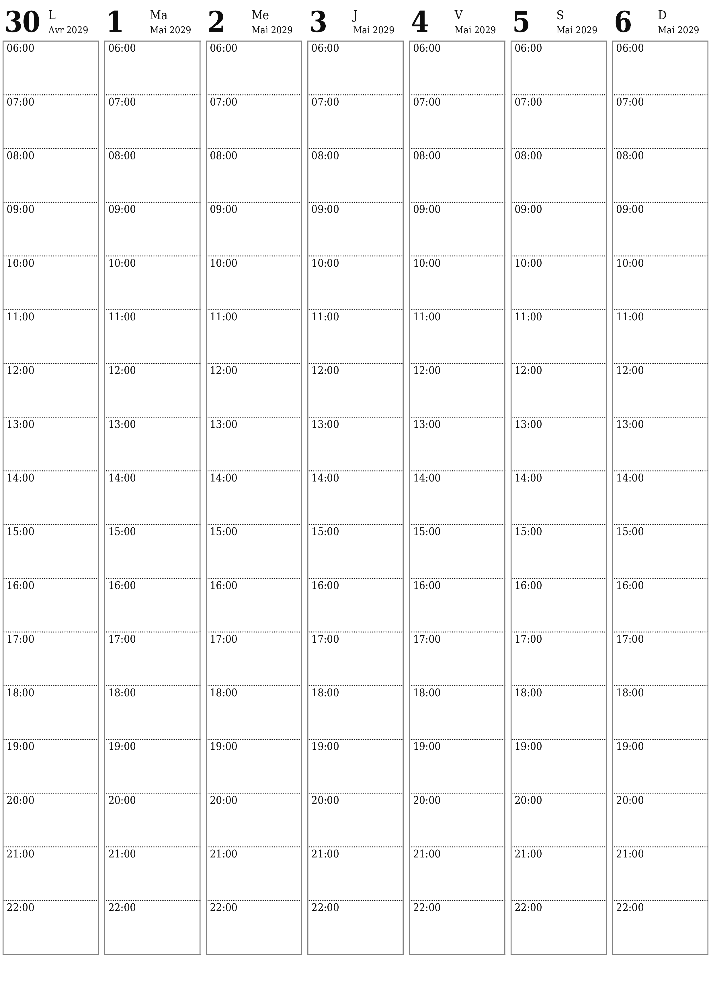 Agenda hebdomadaire vide pendant des semaines Mai 2029 avec notes, enregistrez et imprimez au format PDF PNG French