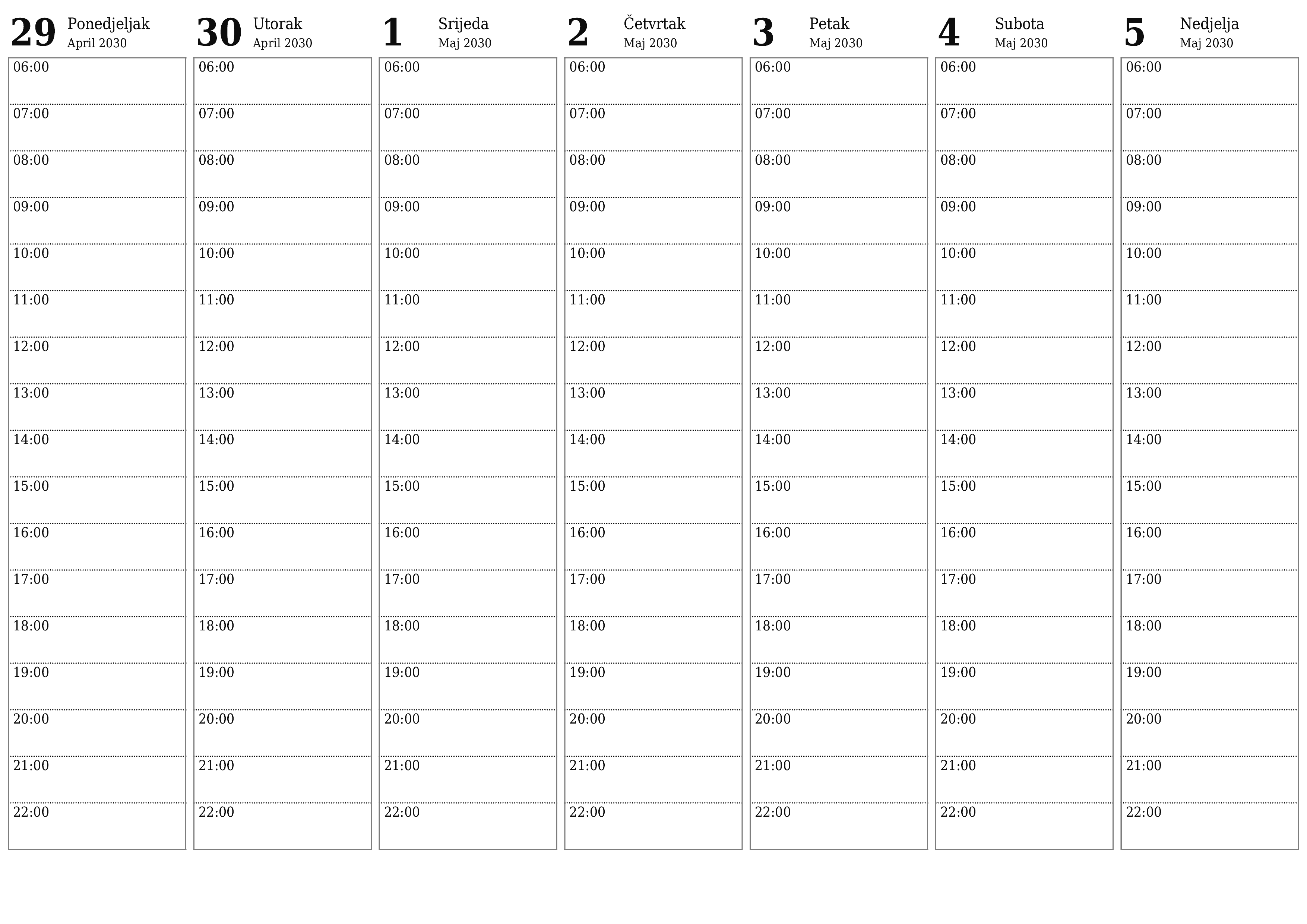  za štampanje zidni šablon a besplatni horizontalno Tjedno planer kalendar Maj (Maj) 2030