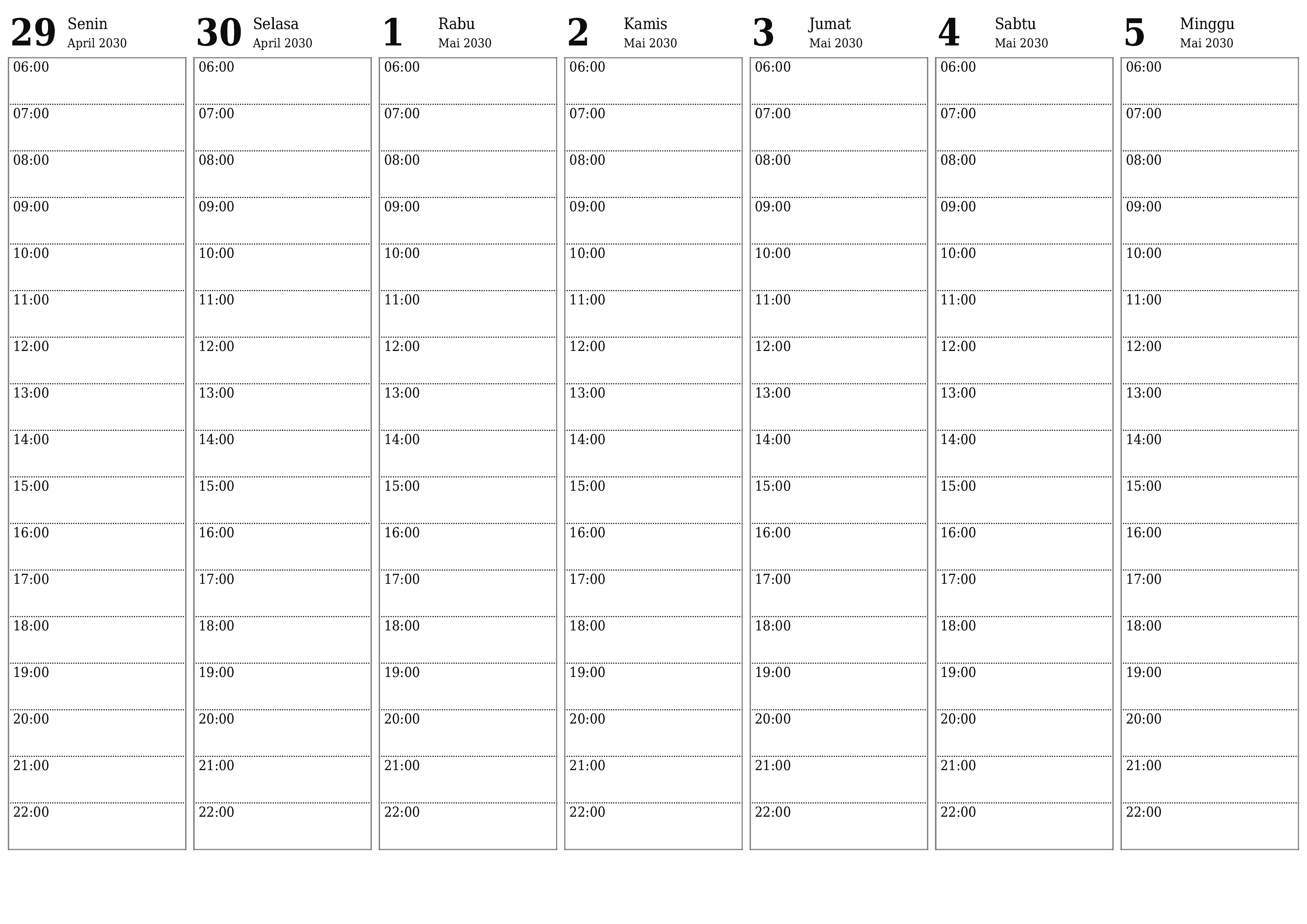  yang dapat dicetak dinding templat gratishorisontal Mingguan perencana kalender Mai (Mai) 2030