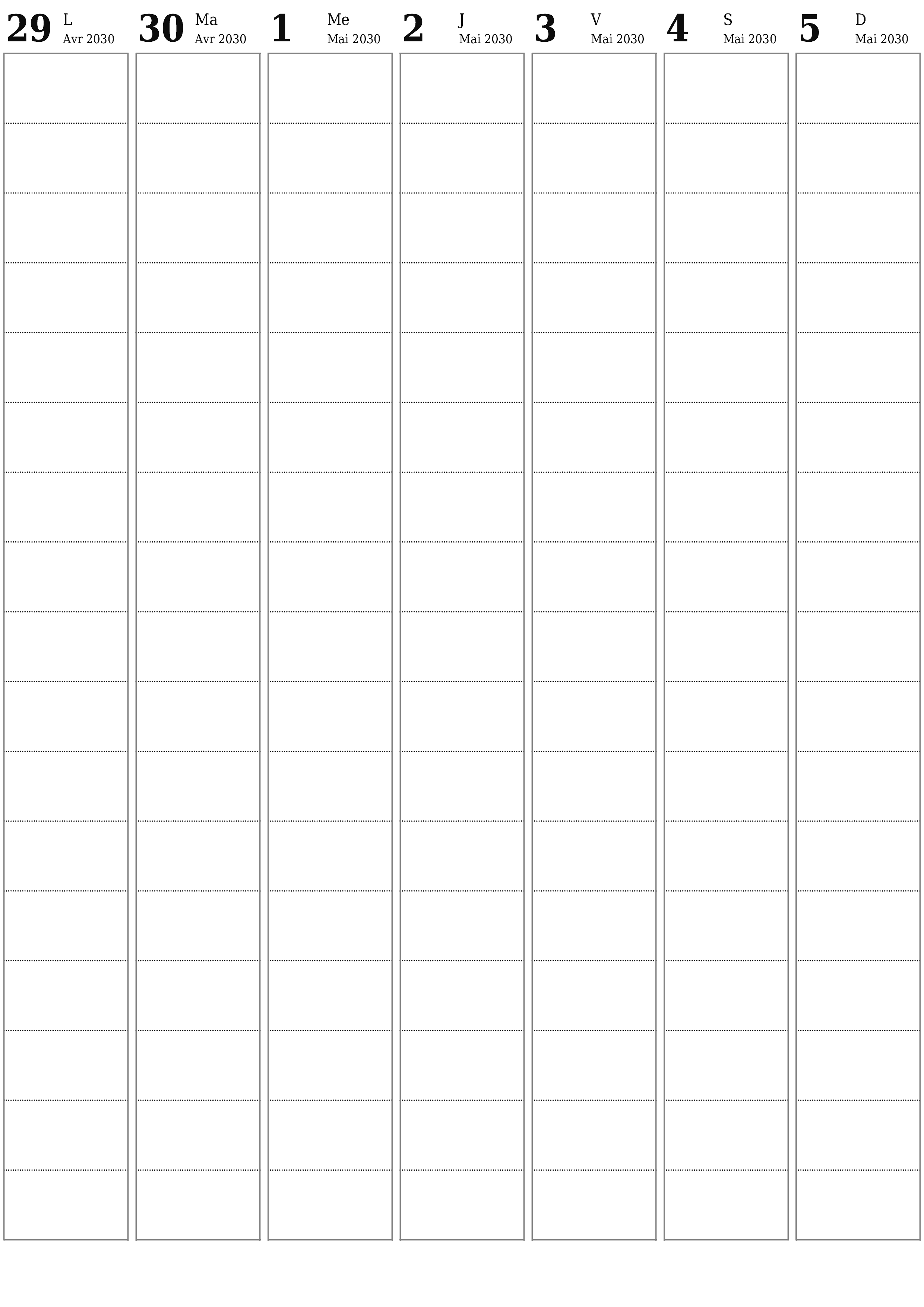 Agenda hebdomadaire vide pendant des semaines Mai 2030 avec notes, enregistrez et imprimez au format PDF PNG French