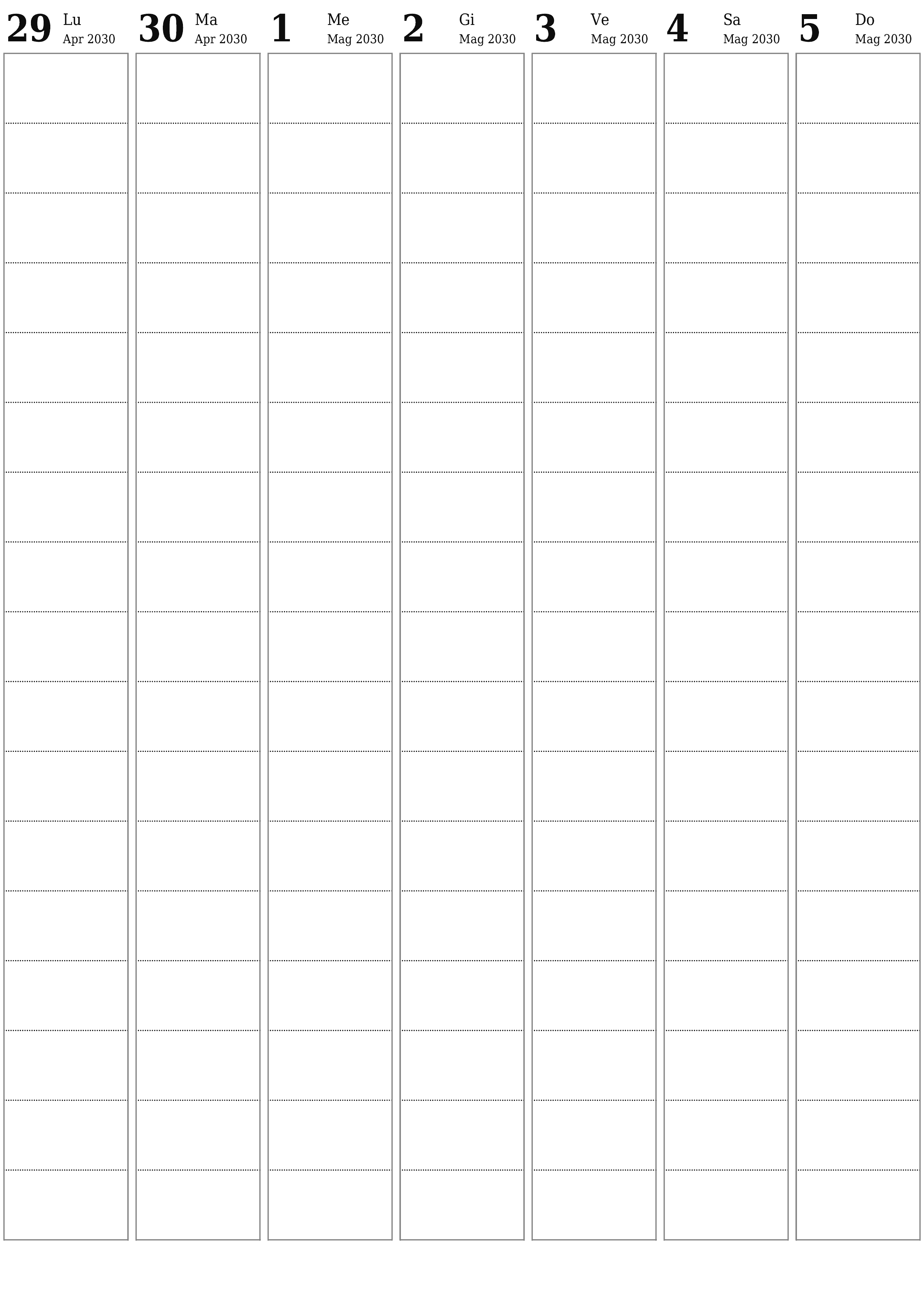 Agenda settimanale vuota per settimane Maggio 2030 con note, salva e stampa in PDF PNG Italian