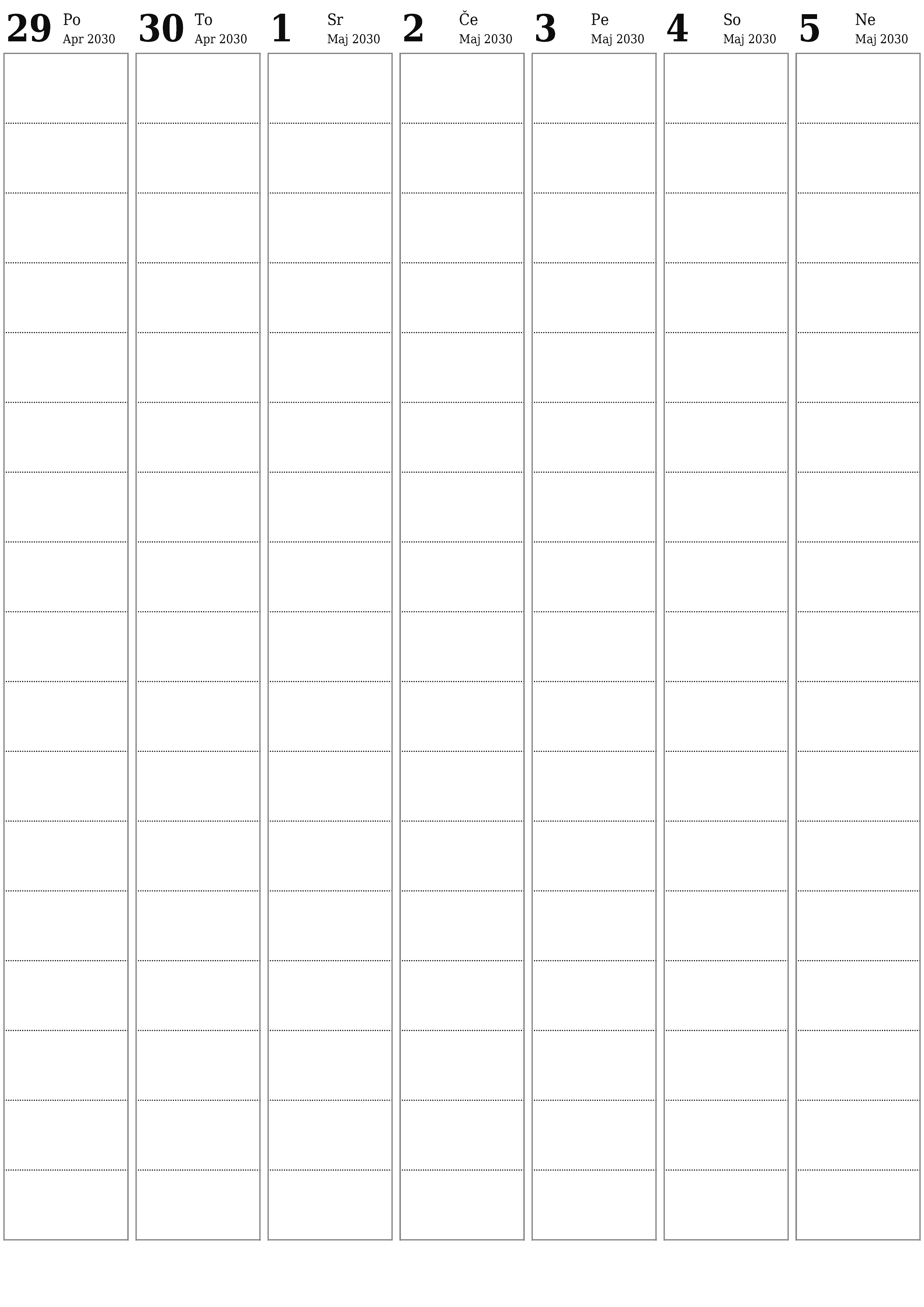 Prazen tedenski koledarski načrtovalec za tedne Maj 2030 z opombami za tiskanje v PDF PNG Slovenian