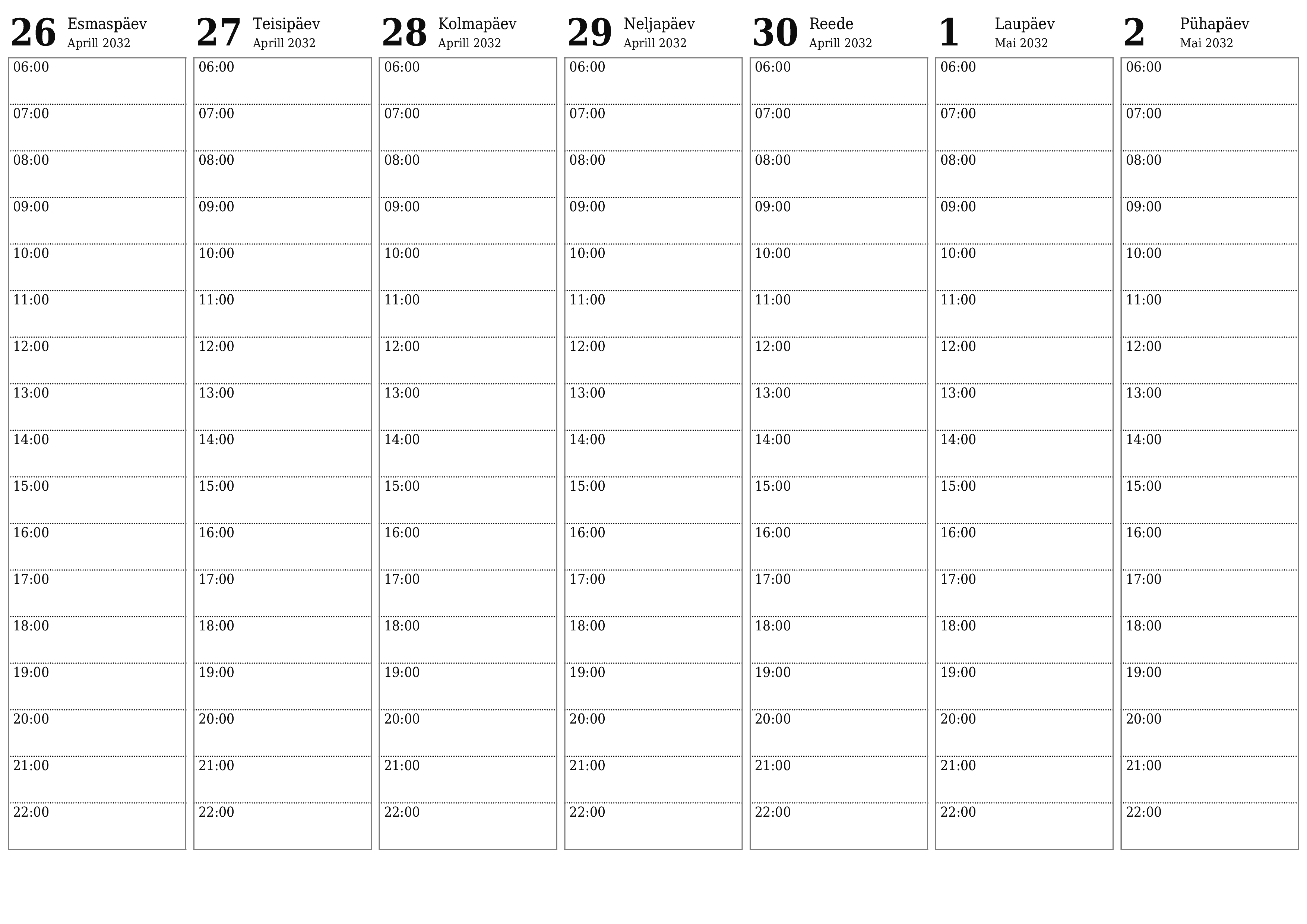 Tühjendage nädala planeerija nädalaid Mai 2032 märkmetega, salvestage ja printige PDF-i PNG Estonian