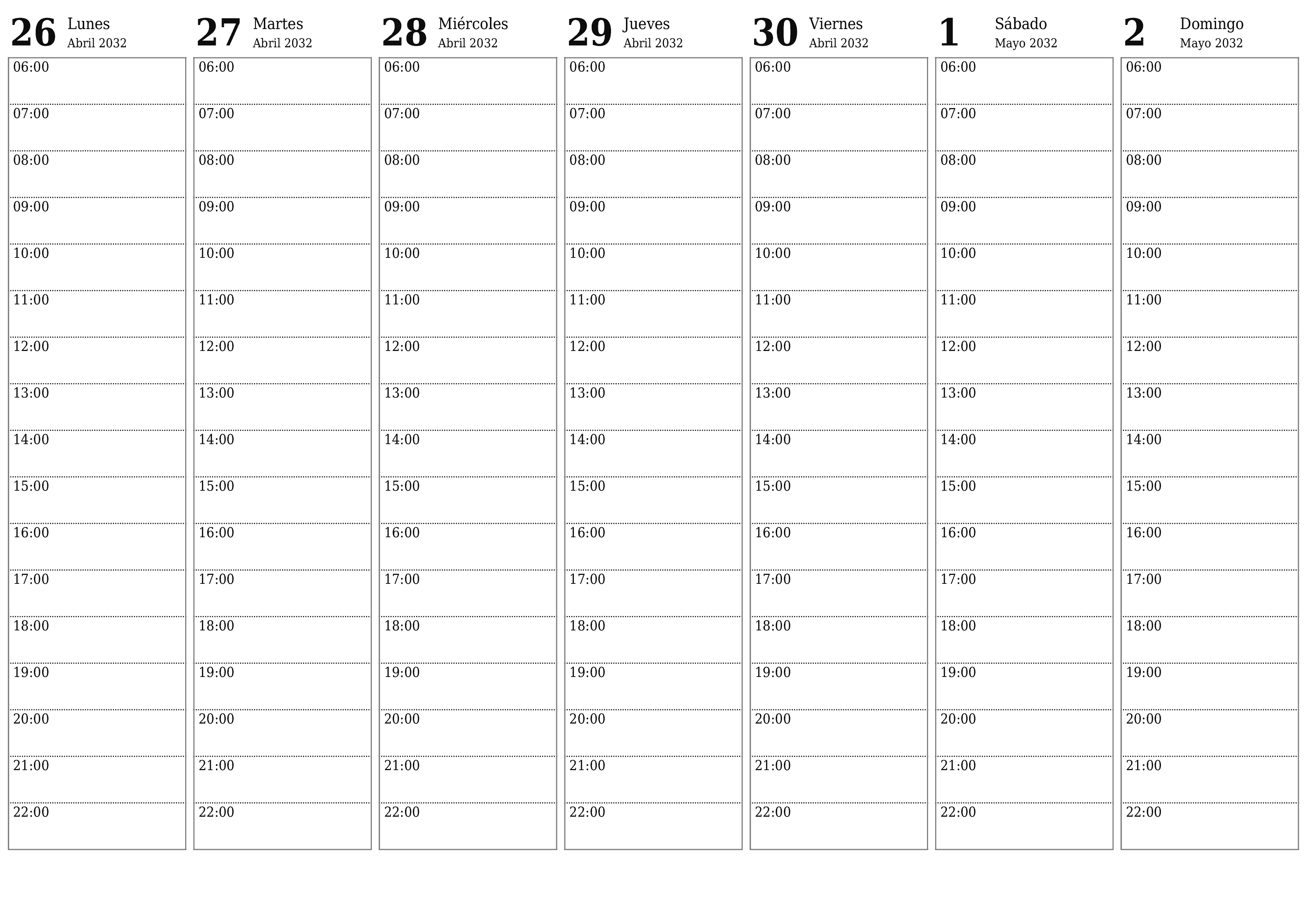 Planificador semanal vacío para semanas Mayo 2032 con notas, guardar e imprimir en PDF PNG Spanish