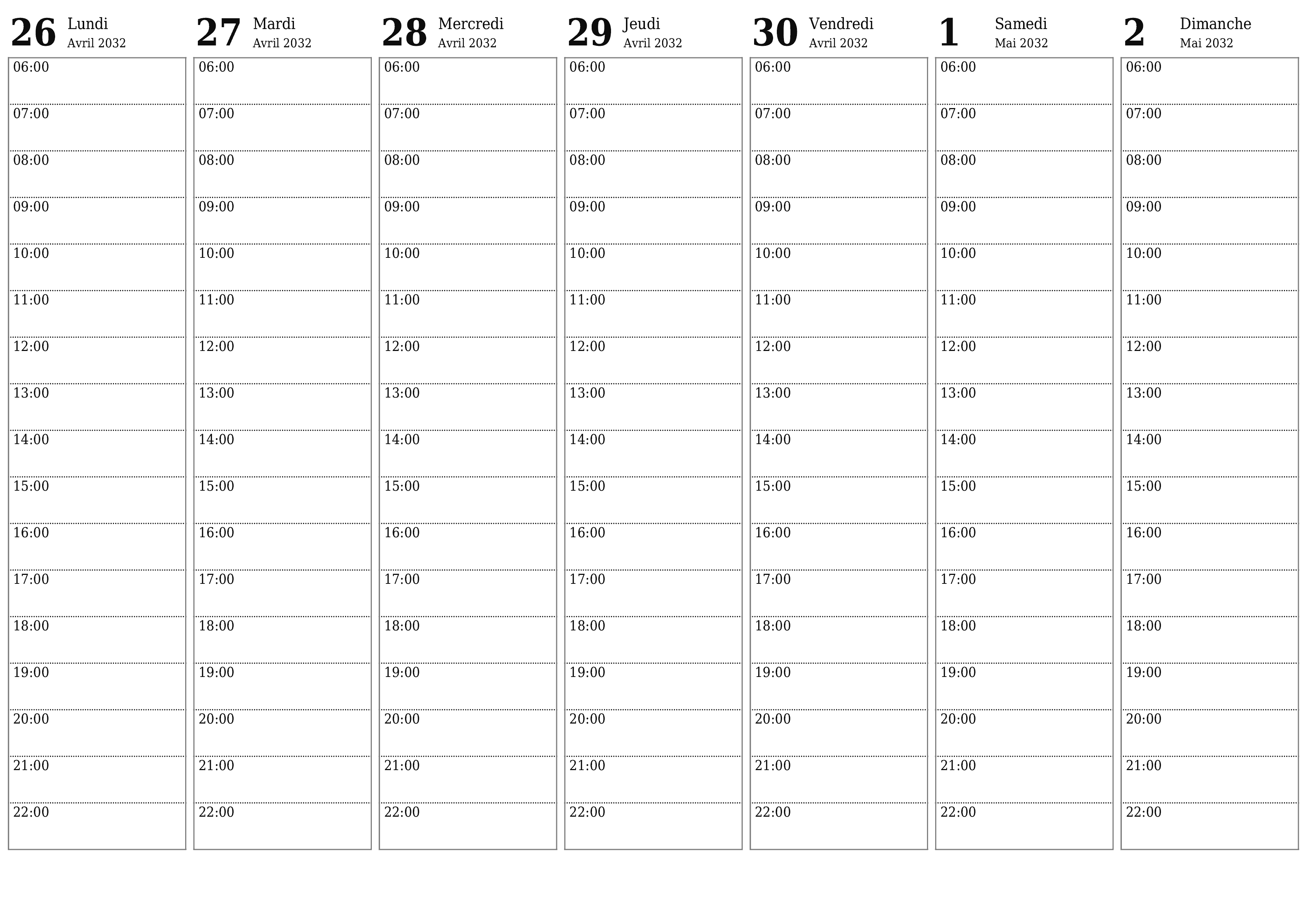 Agenda hebdomadaire vide pendant des semaines Mai 2032 avec notes, enregistrez et imprimez au format PDF PNG French