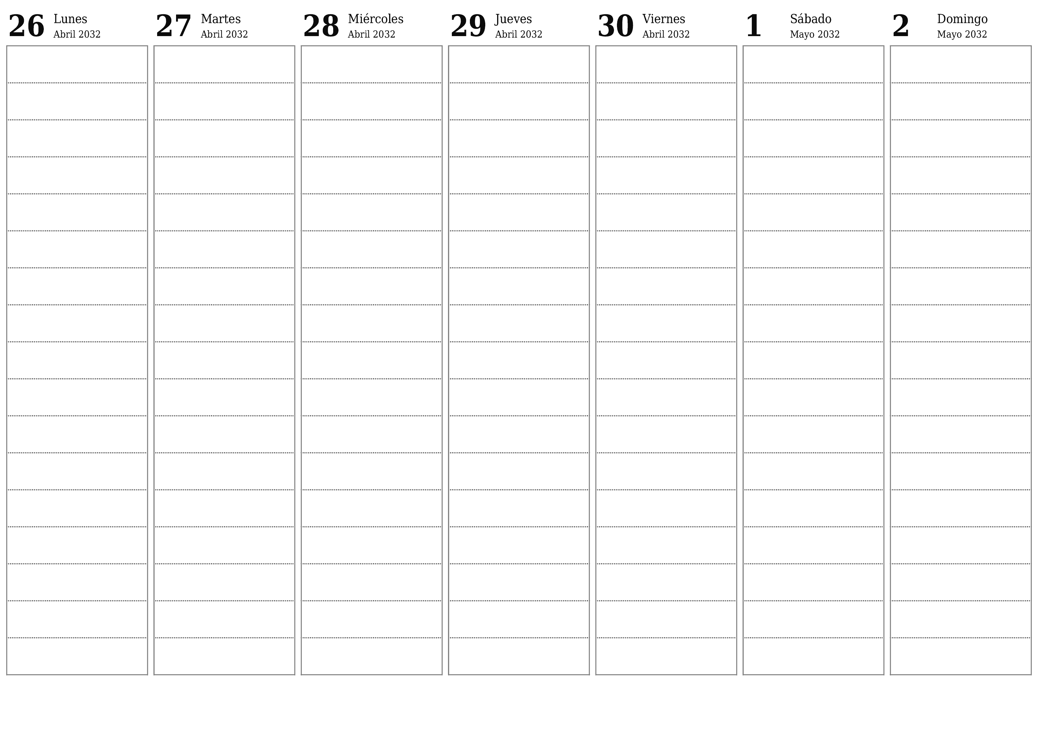  imprimible de pared plantilla de gratishorizontal Semanal planificador calendario Mayo (May) 2032