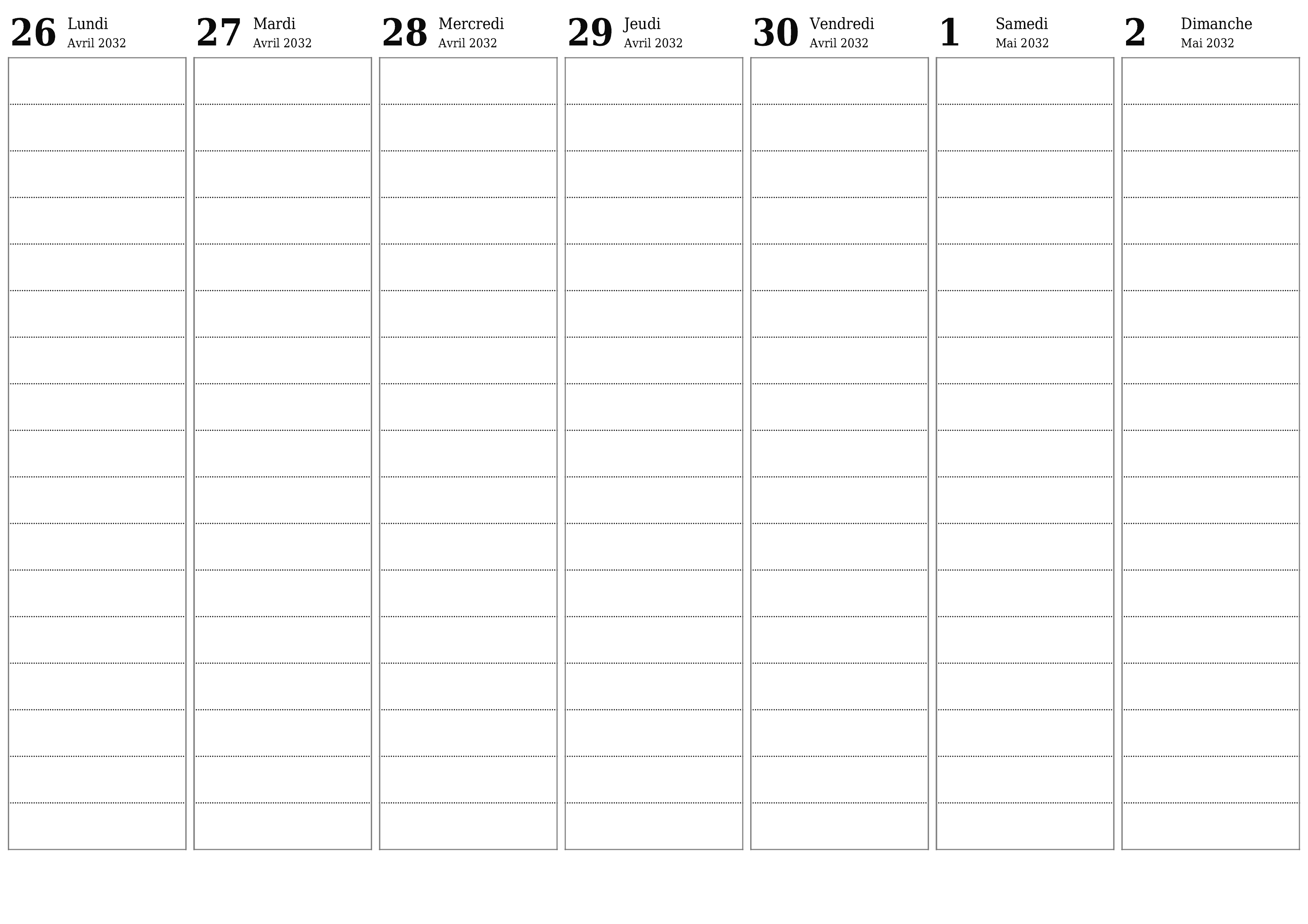 Agenda hebdomadaire vide pendant des semaines Mai 2032 avec notes, enregistrez et imprimez au format PDF PNG French