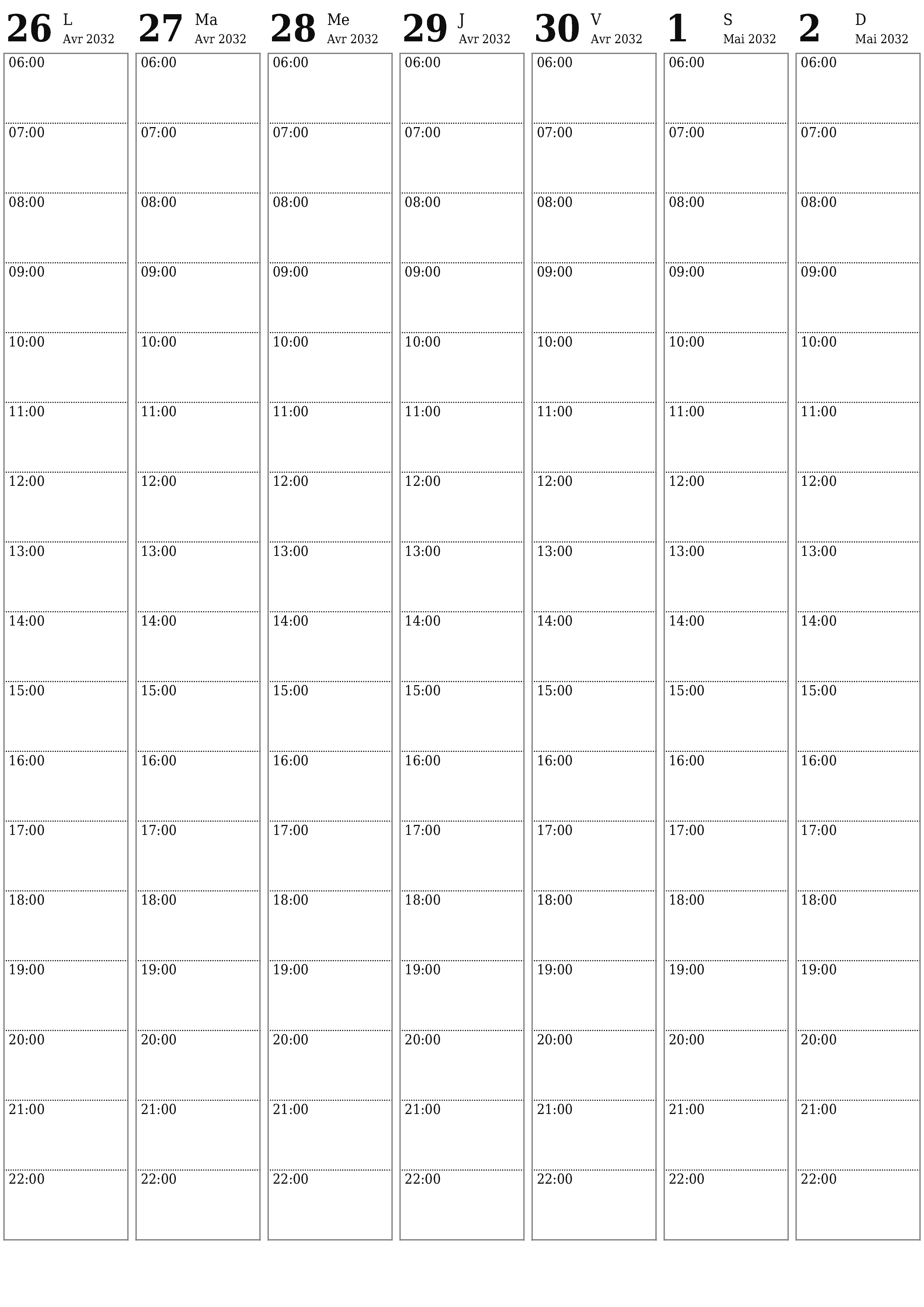 Agenda hebdomadaire vide pendant des semaines Mai 2032 avec notes, enregistrez et imprimez au format PDF PNG French