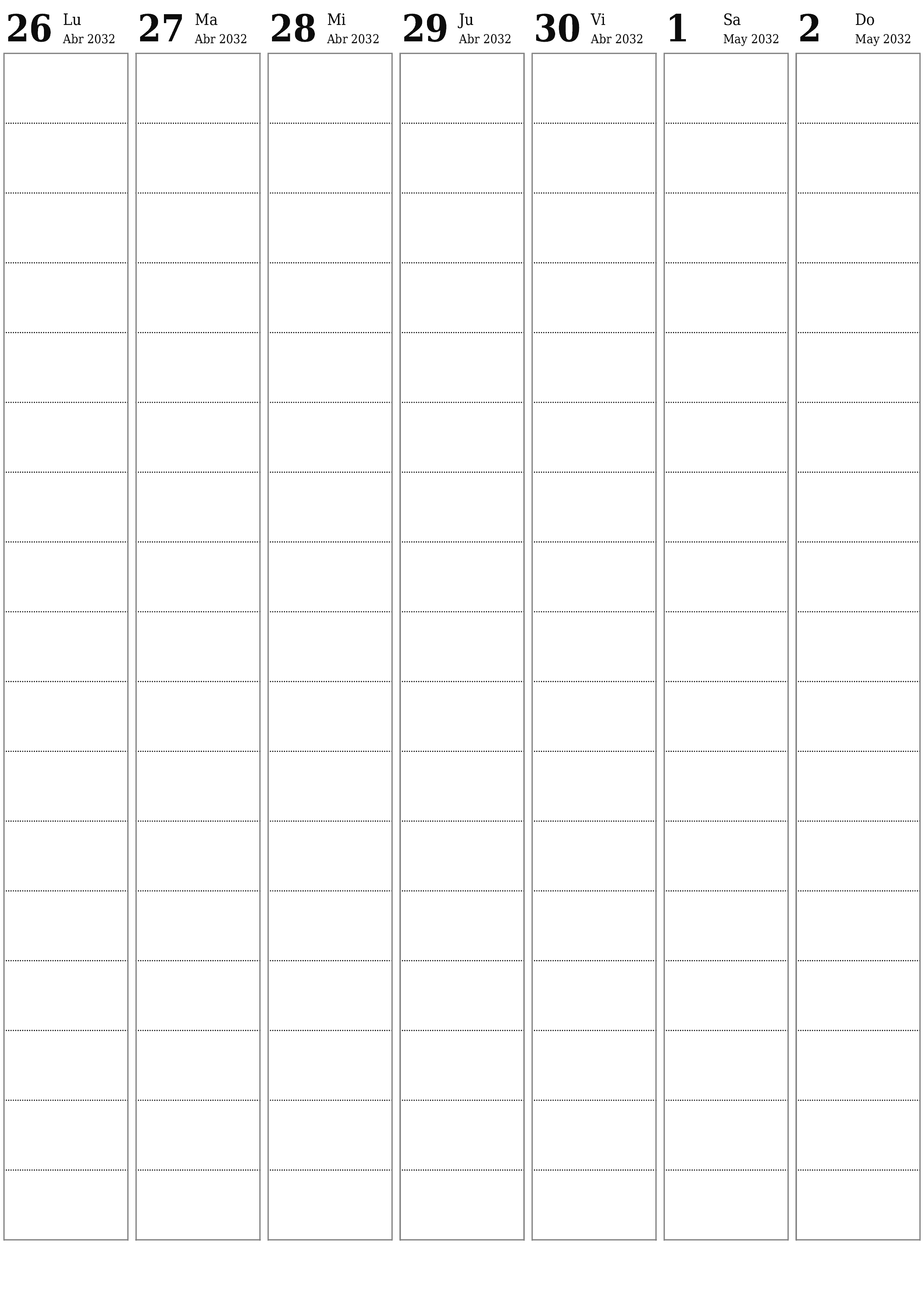 Planificador semanal vacío para semanas Mayo 2032 con notas, guardar e imprimir en PDF PNG Spanish