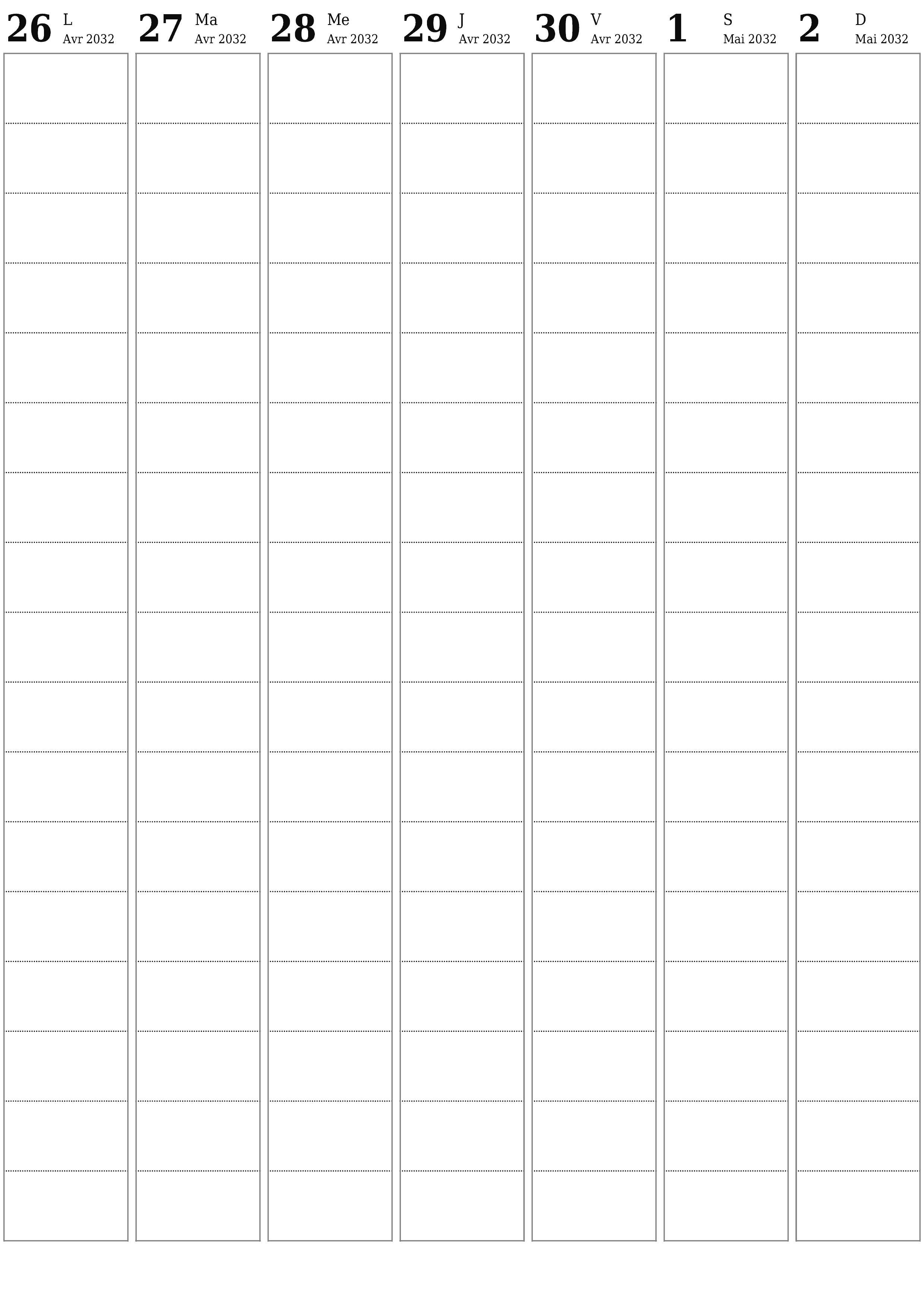 Agenda hebdomadaire vide pendant des semaines Mai 2032 avec notes, enregistrez et imprimez au format PDF PNG French