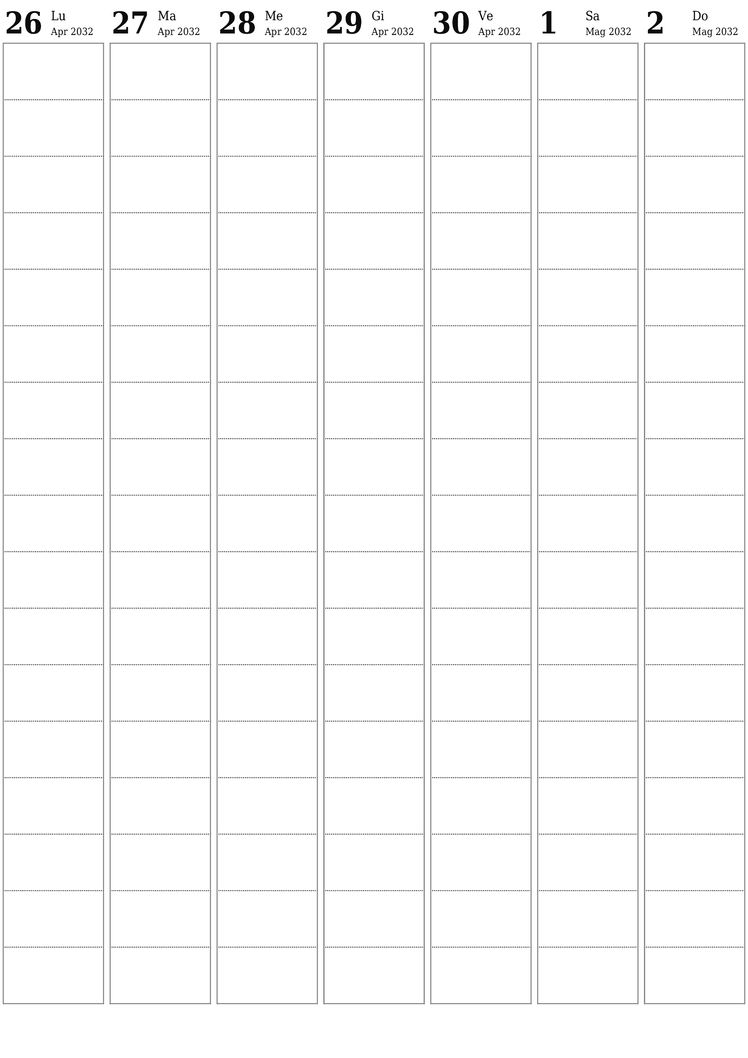 Agenda settimanale vuota per settimane Maggio 2032 con note, salva e stampa in PDF PNG Italian