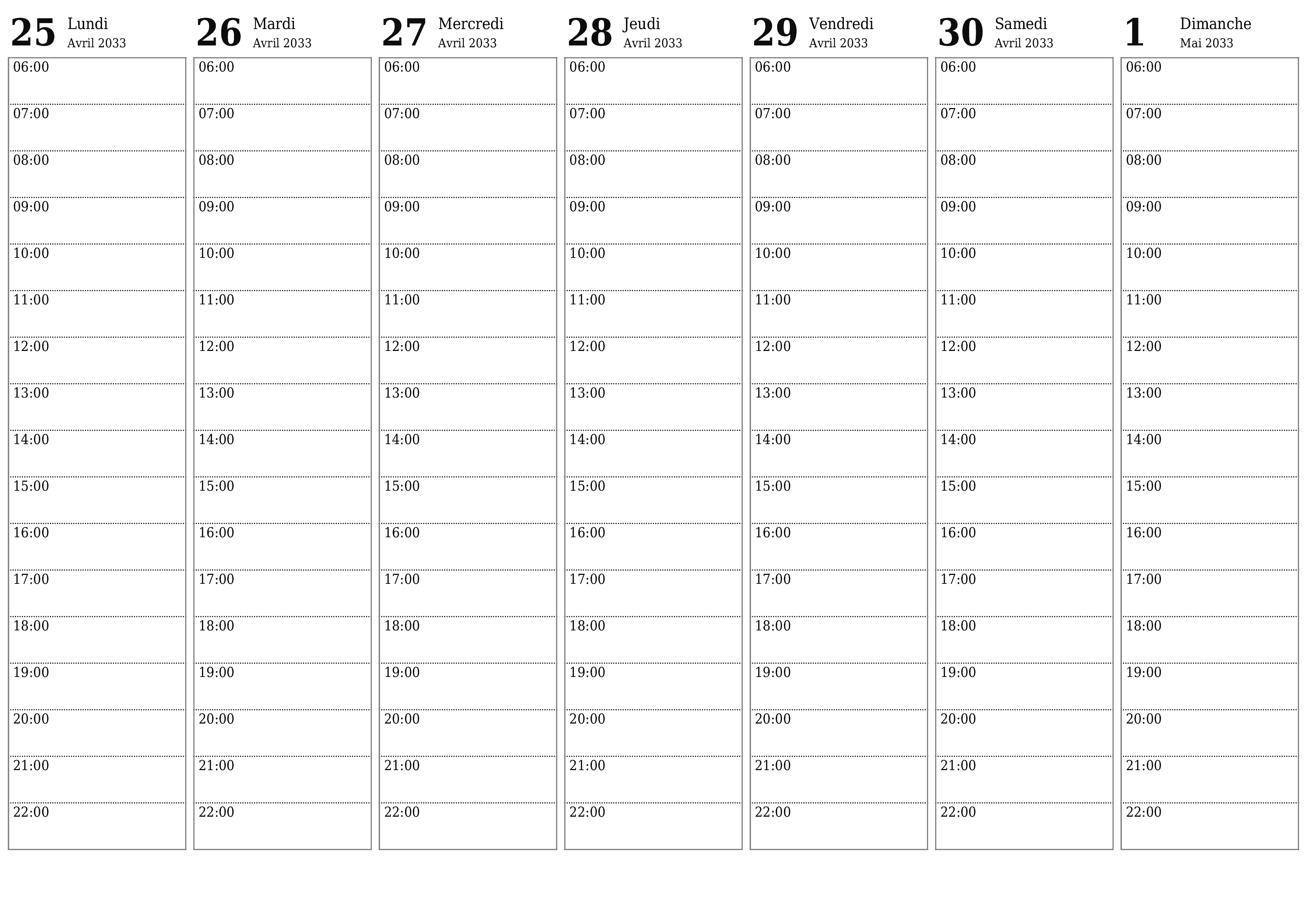 Agenda hebdomadaire vide pendant des semaines Mai 2033 avec notes, enregistrez et imprimez au format PDF PNG French