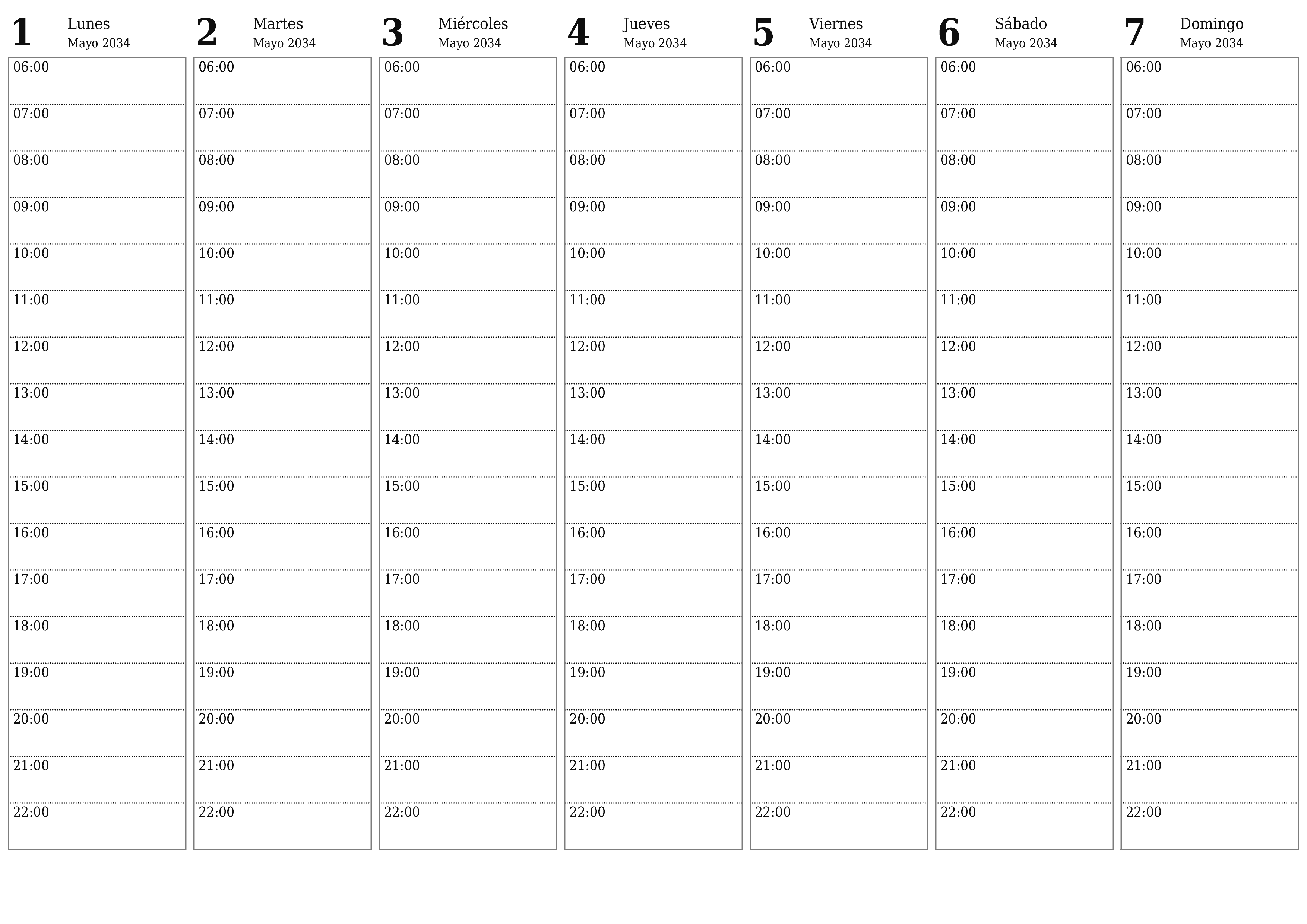 Planificador semanal vacío para semanas Mayo 2034 con notas, guardar e imprimir en PDF PNG Spanish