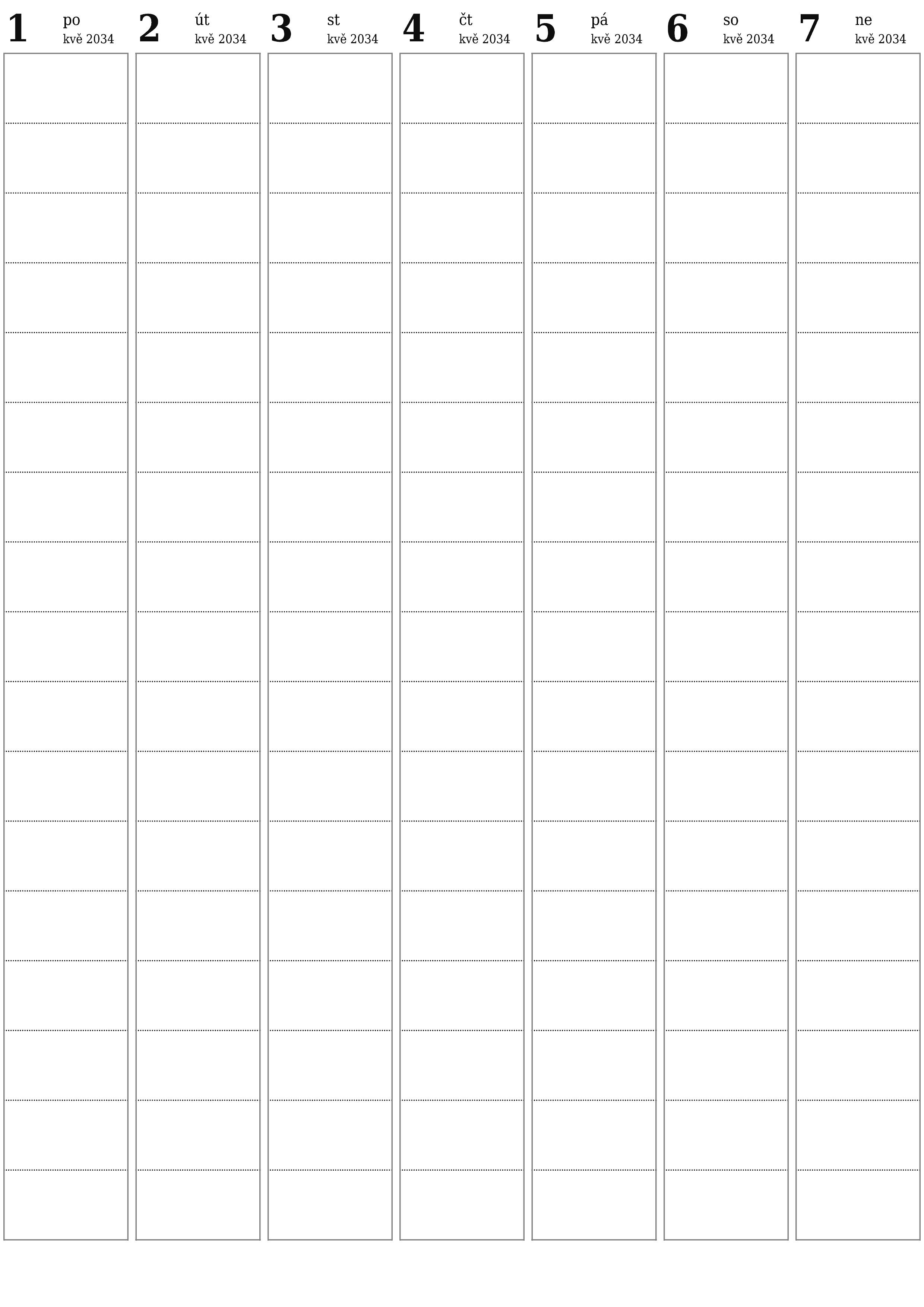 Prázdný týdenní plánovač na týdny květen 2034 s poznámkami, uložením a tiskem do PDF PNG Czech