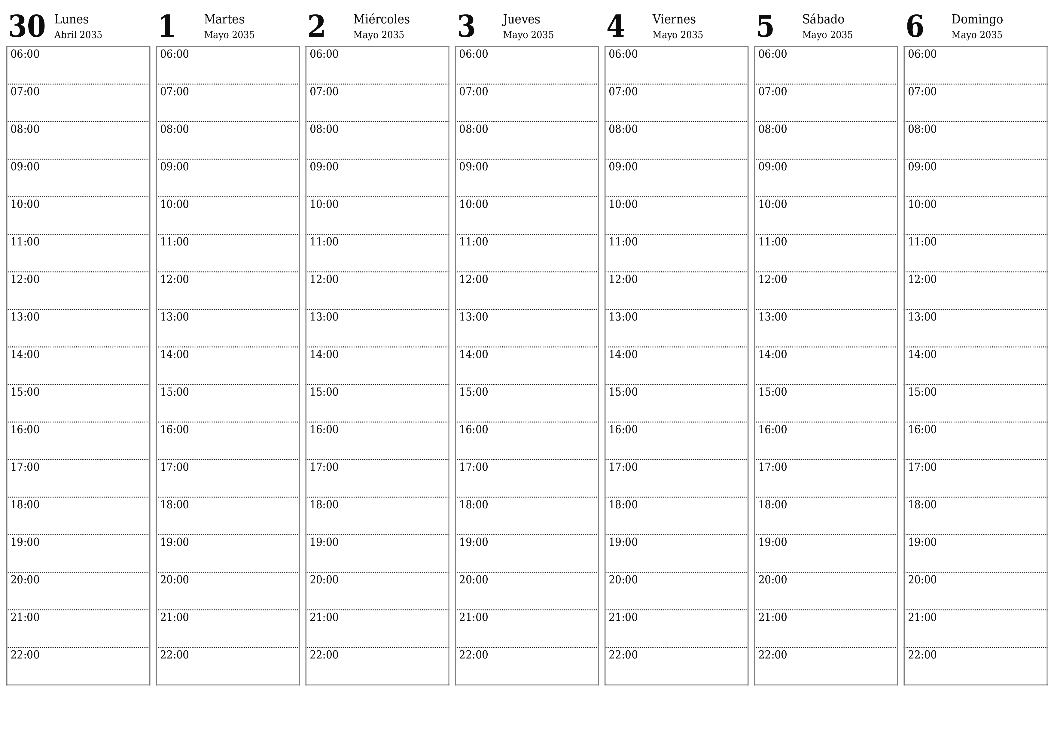 Planificador semanal vacío para semanas Mayo 2035 con notas, guardar e imprimir en PDF PNG Spanish