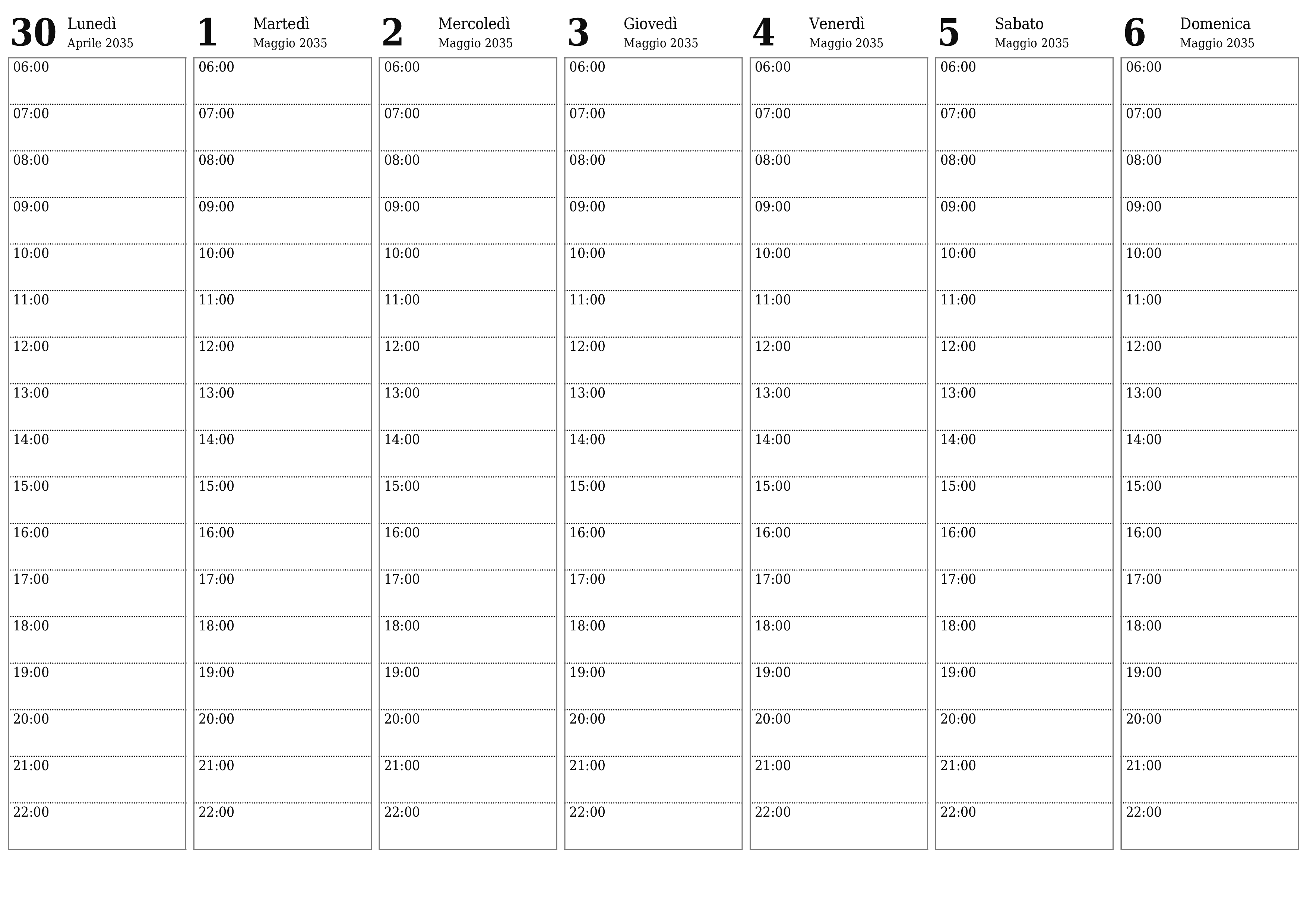 Agenda settimanale vuota per settimane Maggio 2035 con note, salva e stampa in PDF PNG Italian