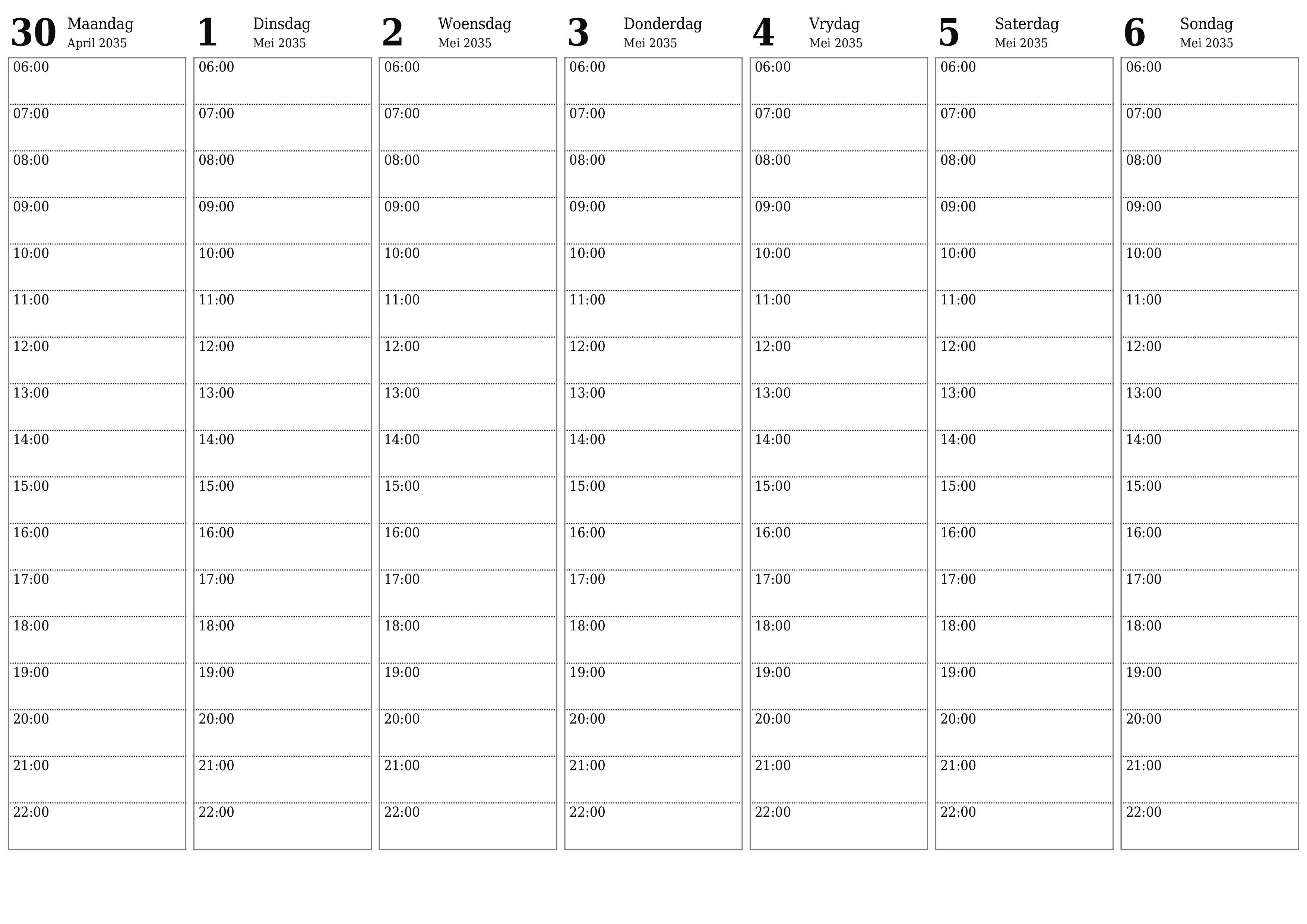 Leë weeklikse drukbare kalender en beplanner vir week Mei 2035 met notas, stoor en druk na PDF PNG Afrikaans