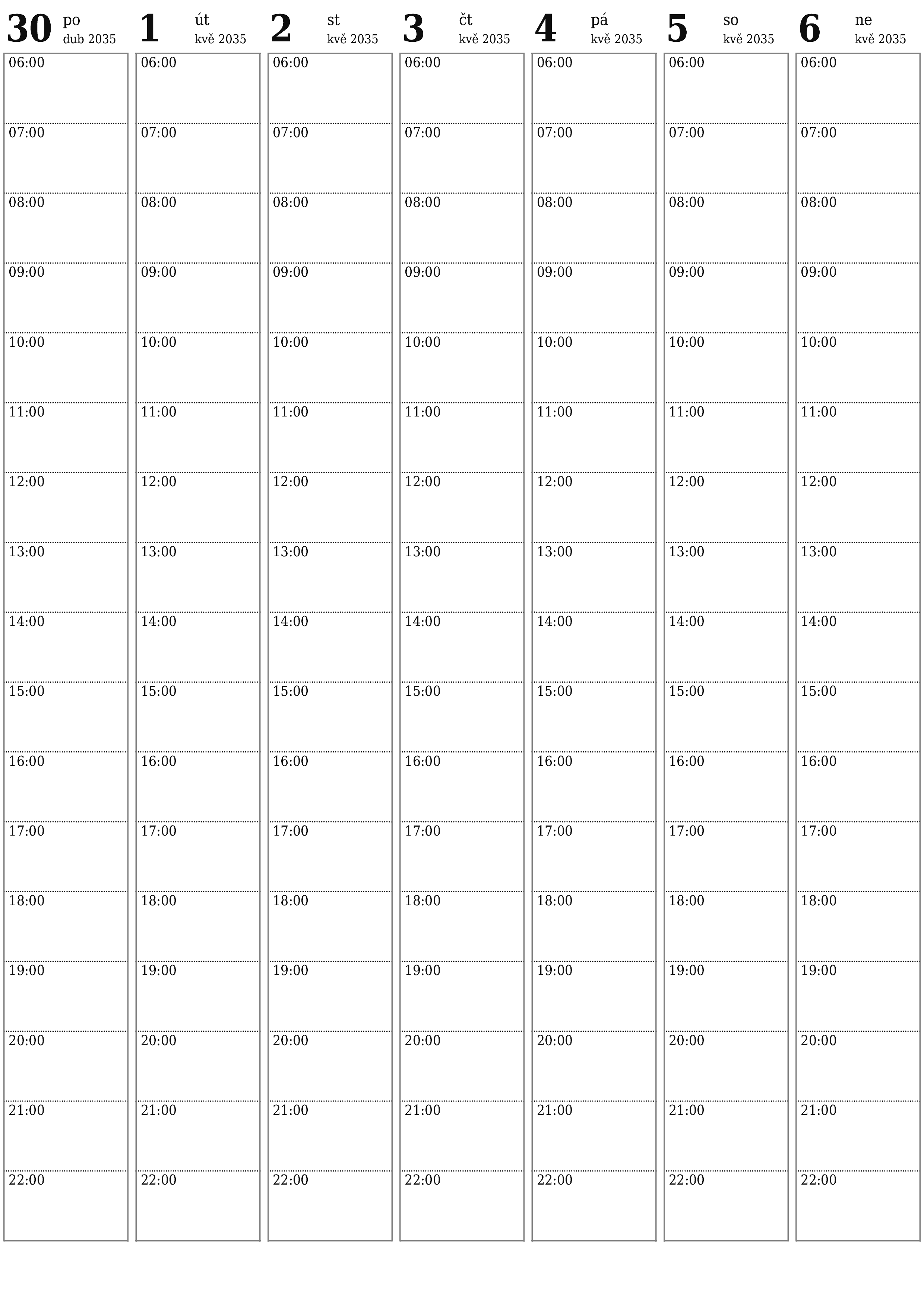 Prázdný týdenní plánovač na týdny květen 2035 s poznámkami, uložením a tiskem do PDF PNG Czech