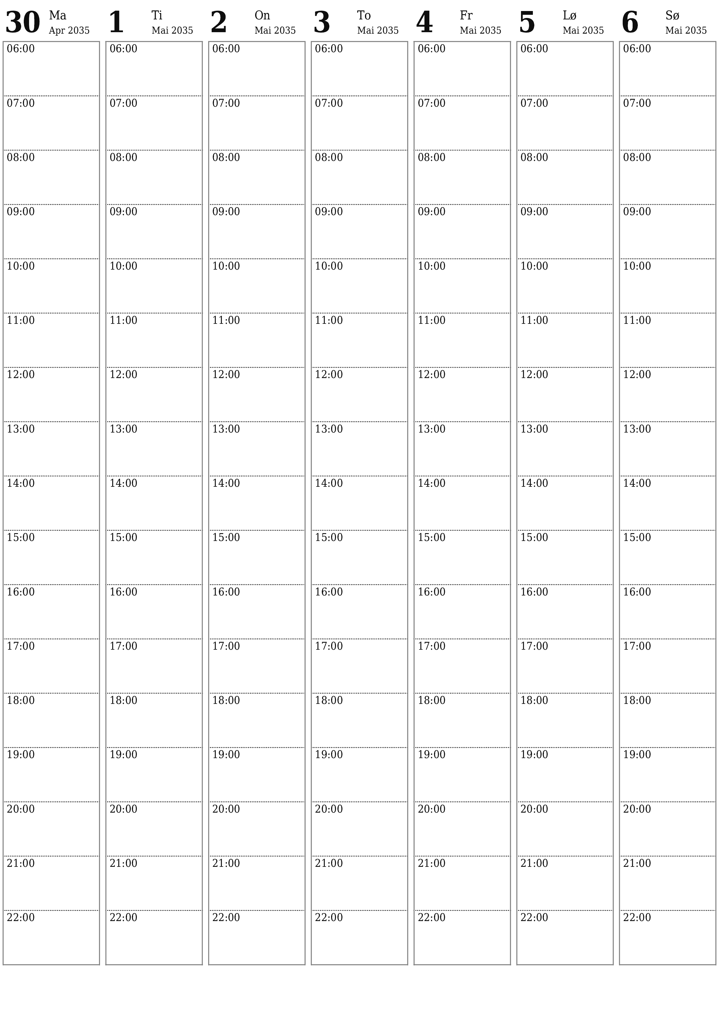 utskrivbar vegg mal gratis vertikal Ukentlig planlegger kalender Mai (Mai) 2035
